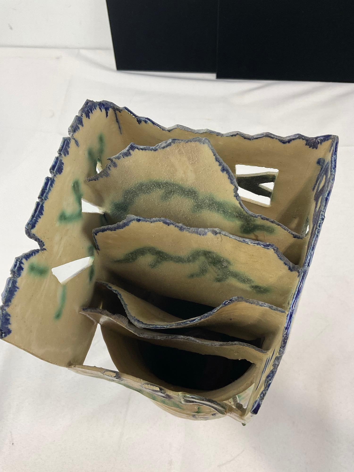 Unique Studio Abstract Art Pottery Vase, Offwhite w/Blue & Green handpainted Details - 6