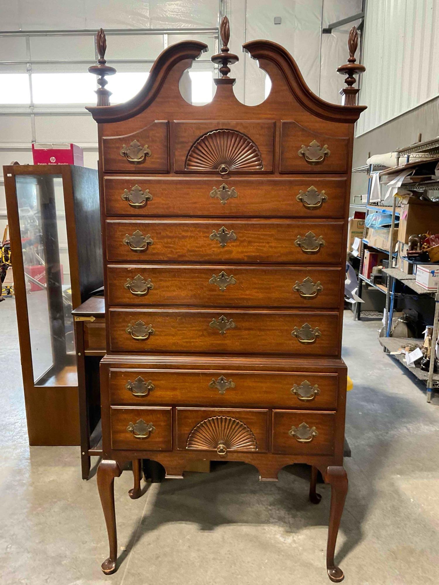 Vintage Kindel Queen Anne Style Mahogany Highboy Dresser w/ 11 Dovetailed Drawers.: Vintage Kindel Queen Anne Style Mahogany Highboy Dresser w/ 11 Dovetailed Drawers. Gorgeous piece with lovely grain, brass details and carved accents. Has some wear indicative of age and use, some