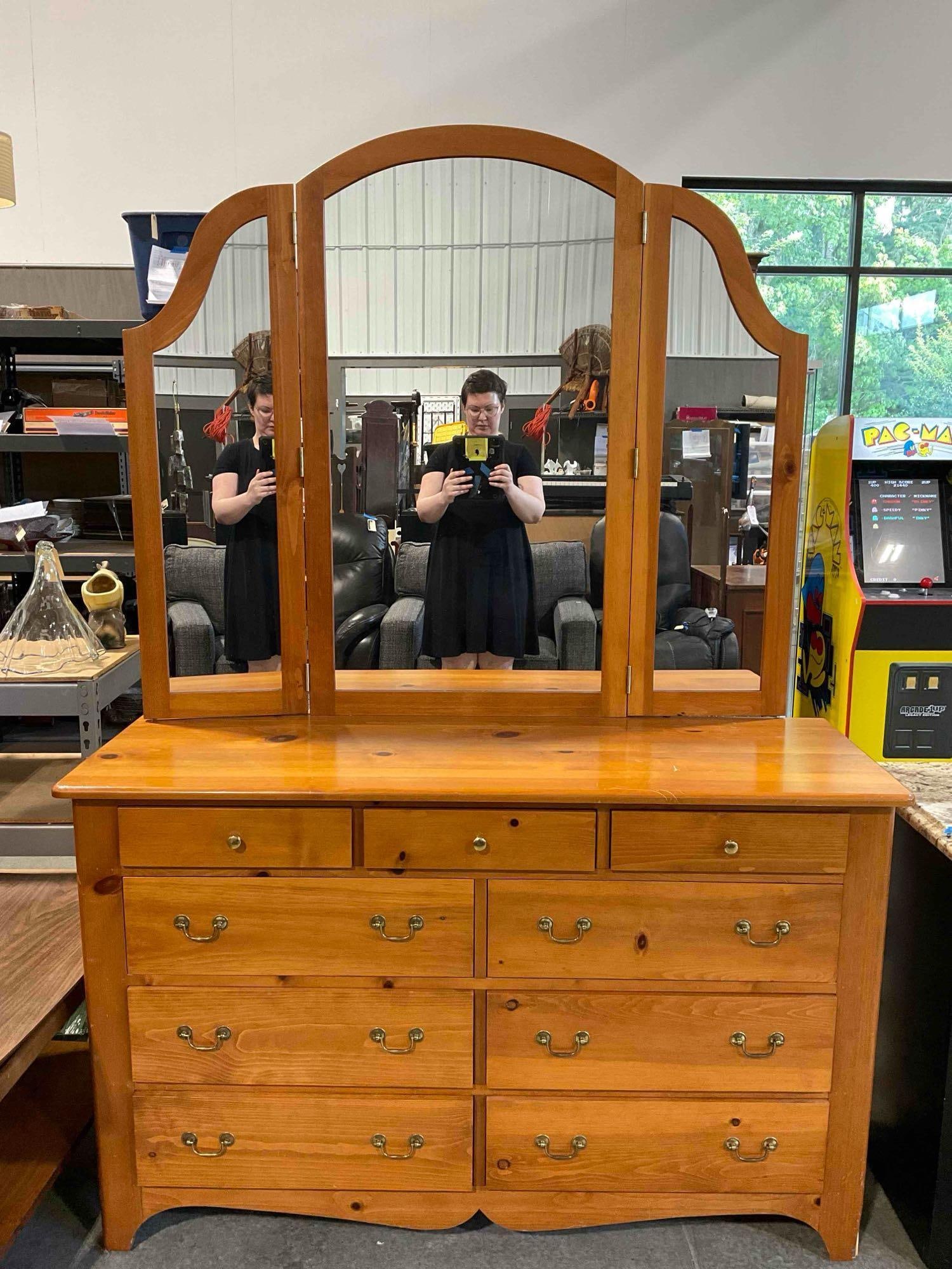Handsome Vintage Tom Seely Furniture Pine? Wood 9 Drawer Dresser w/ Triptych Mirror.: Handsome Vintage Tom Seely Furniture Pine? Wood 9 Drawer Dresser w/ Triptych Mirror. Dated 1997, signed by makers on reverse. Piece has wear indicative of age and use, two feet have lost pieces of