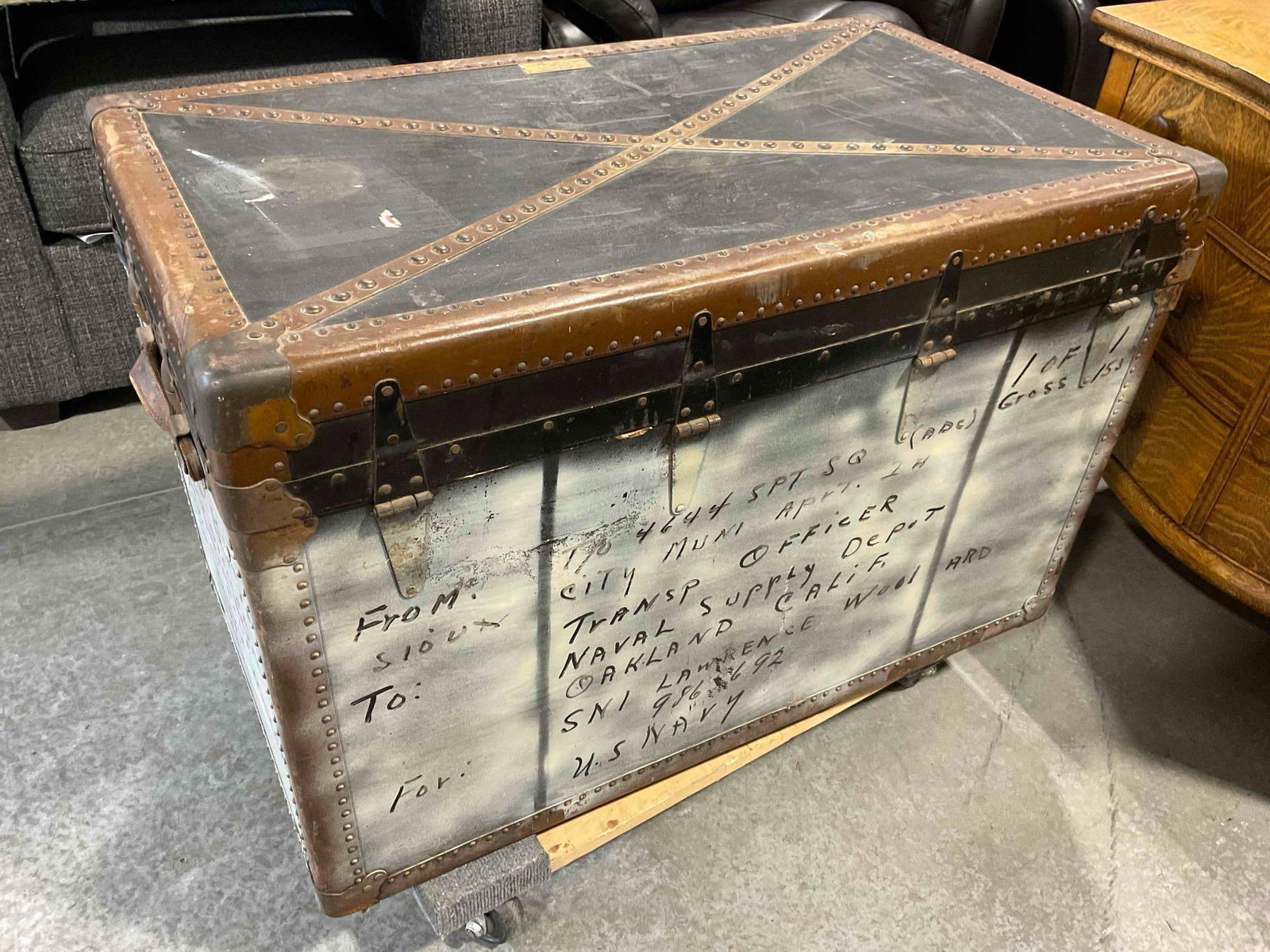 Antique City Trunk Store Black Steamer Trunk w/ Internal Dividers & Naval History. - 11