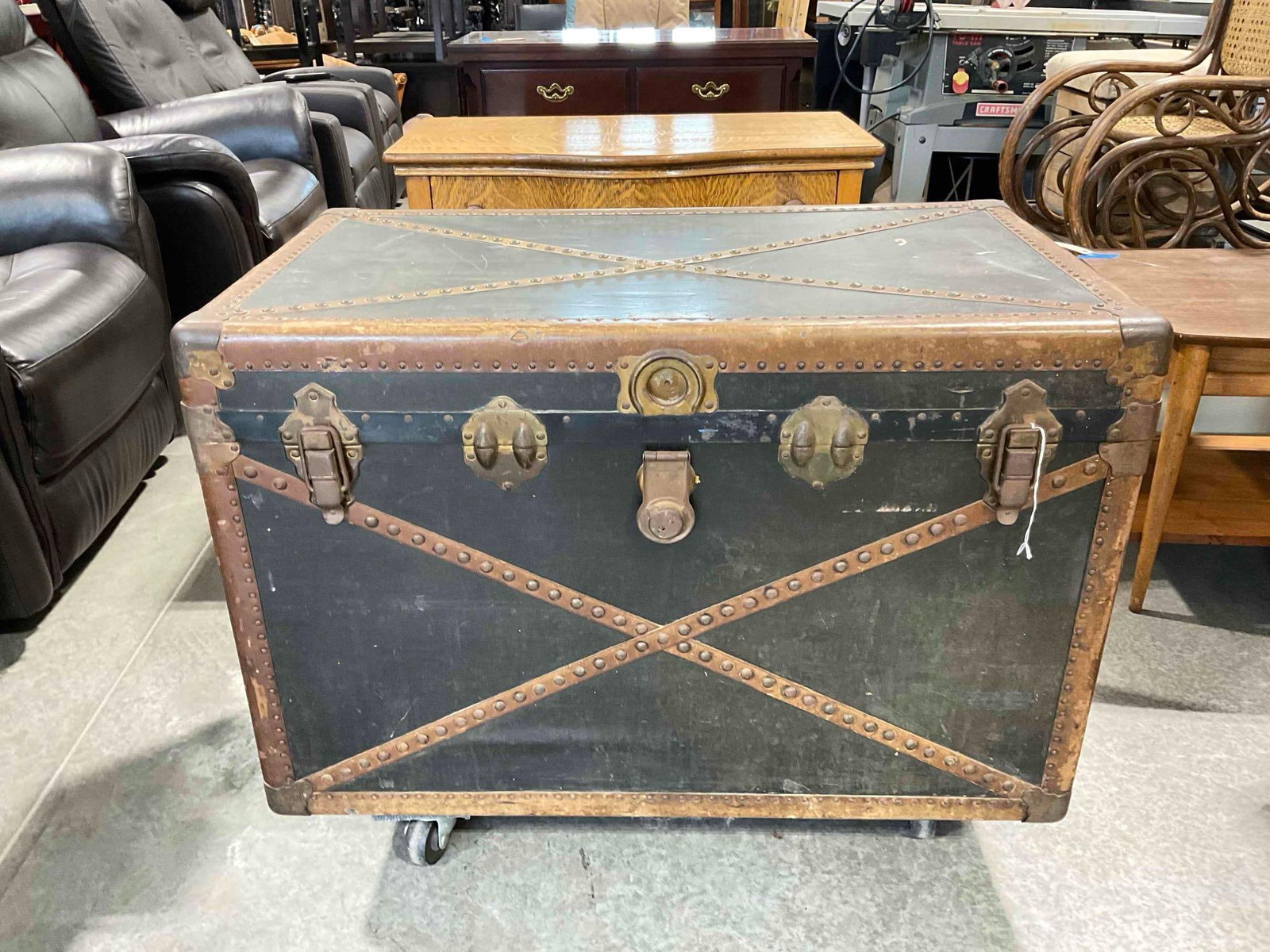 Antique City Trunk Store Black Steamer Trunk w/ Internal Dividers & Naval History. (1 of 11)