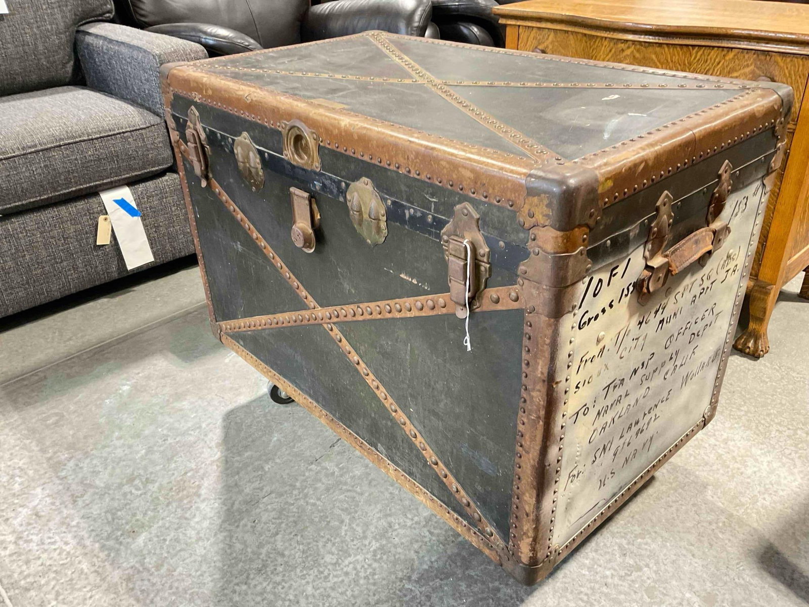 Antique City Trunk Store Black Steamer Trunk w/ Internal Dividers & Naval History. - 2
