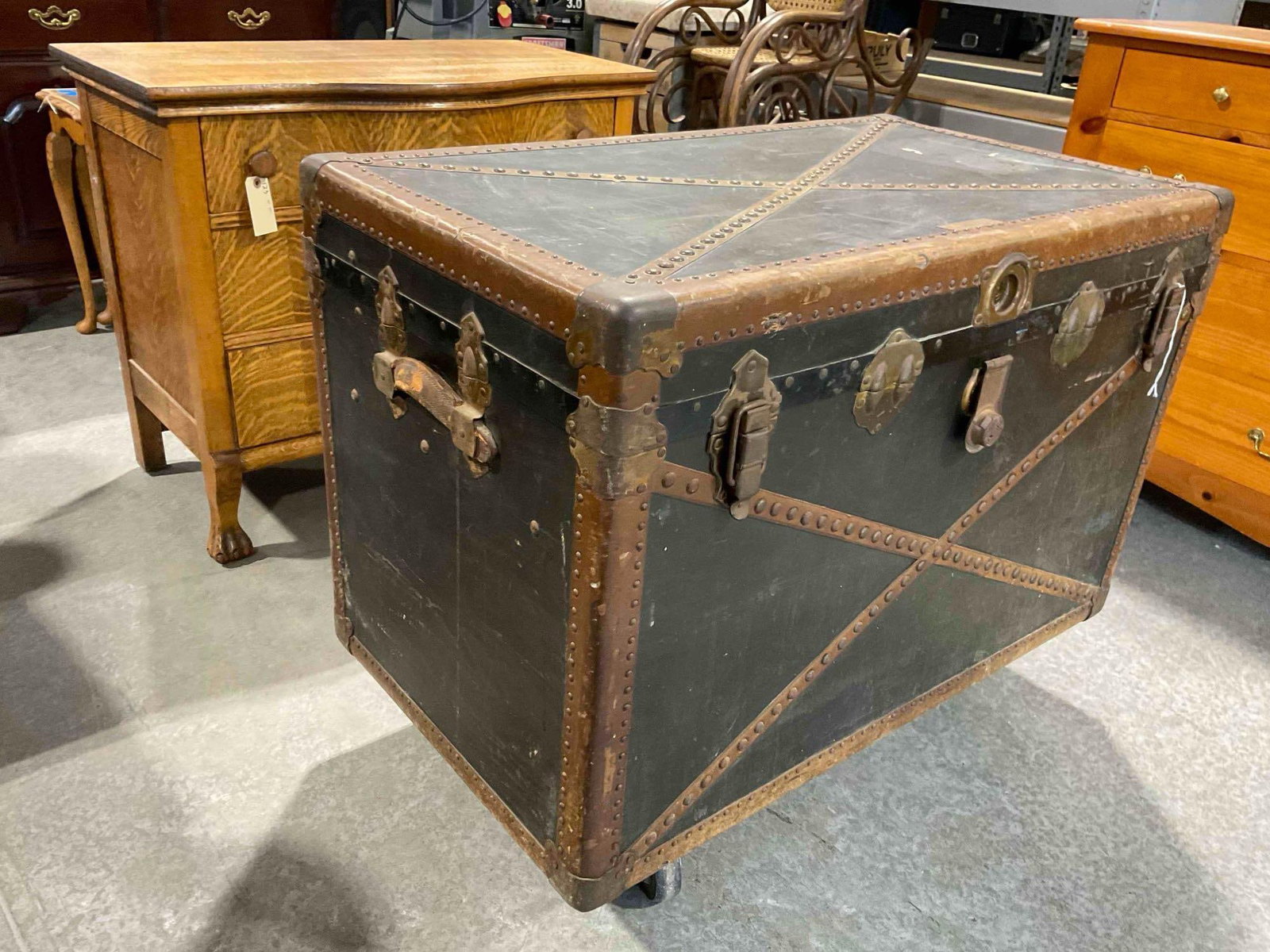 Antique City Trunk Store Black Steamer Trunk w/ Internal Dividers & Naval History. - 3