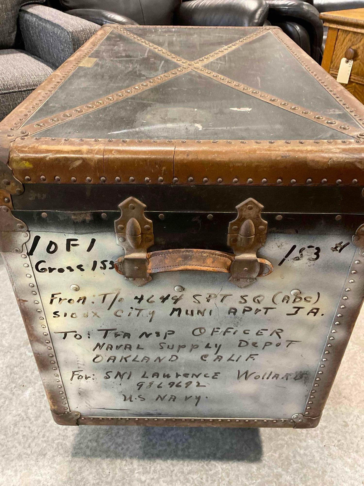 Antique City Trunk Store Black Steamer Trunk w/ Internal Dividers & Naval History. - 4