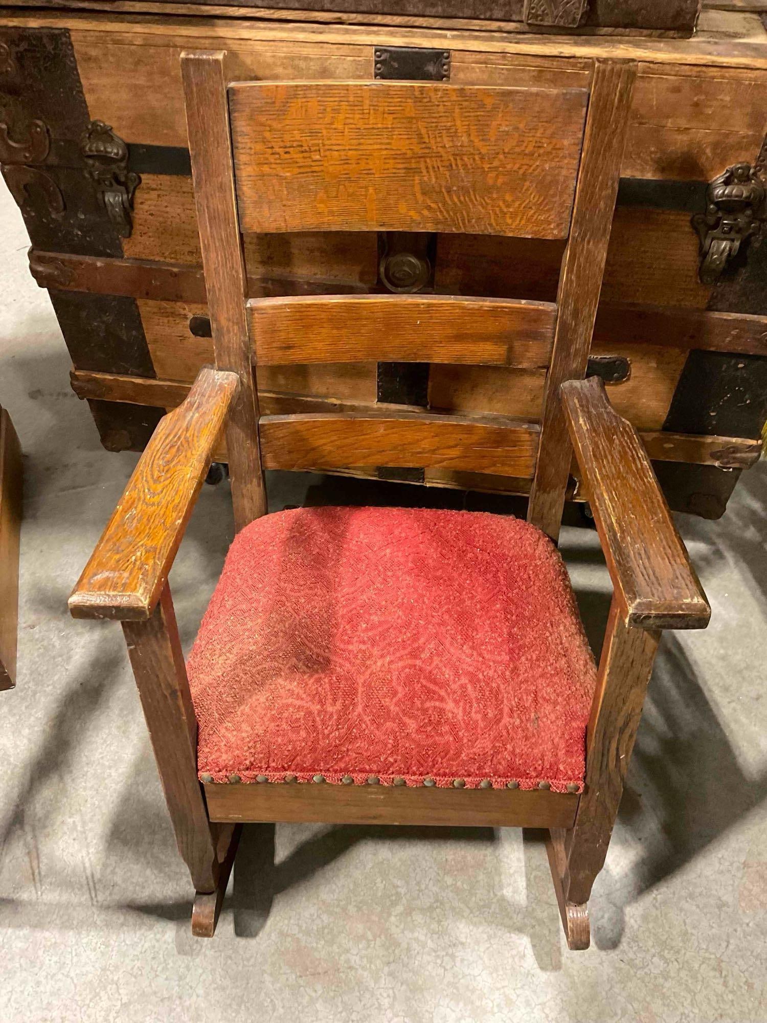 Adorable Antique Tiger Oak Wood Child's Rocking Chair w/ Red Cushion. See pics.: Adorable Antique Tiger Oak Wood Child's Rocking Chair w/ Red Cushion. Well made little piece of history. Has wear indicative of age and use, fabric is a little threadbare, has some minor scrapes,