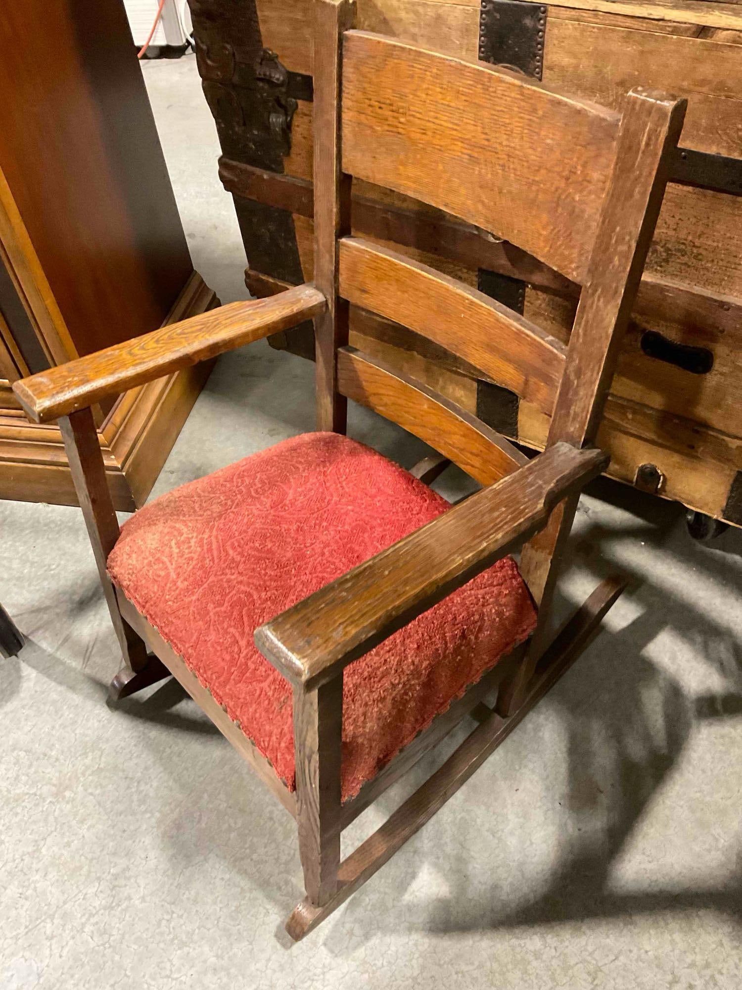 Adorable Antique Tiger Oak Wood Child's Rocking Chair w/ Red Cushion. See pics. - 2