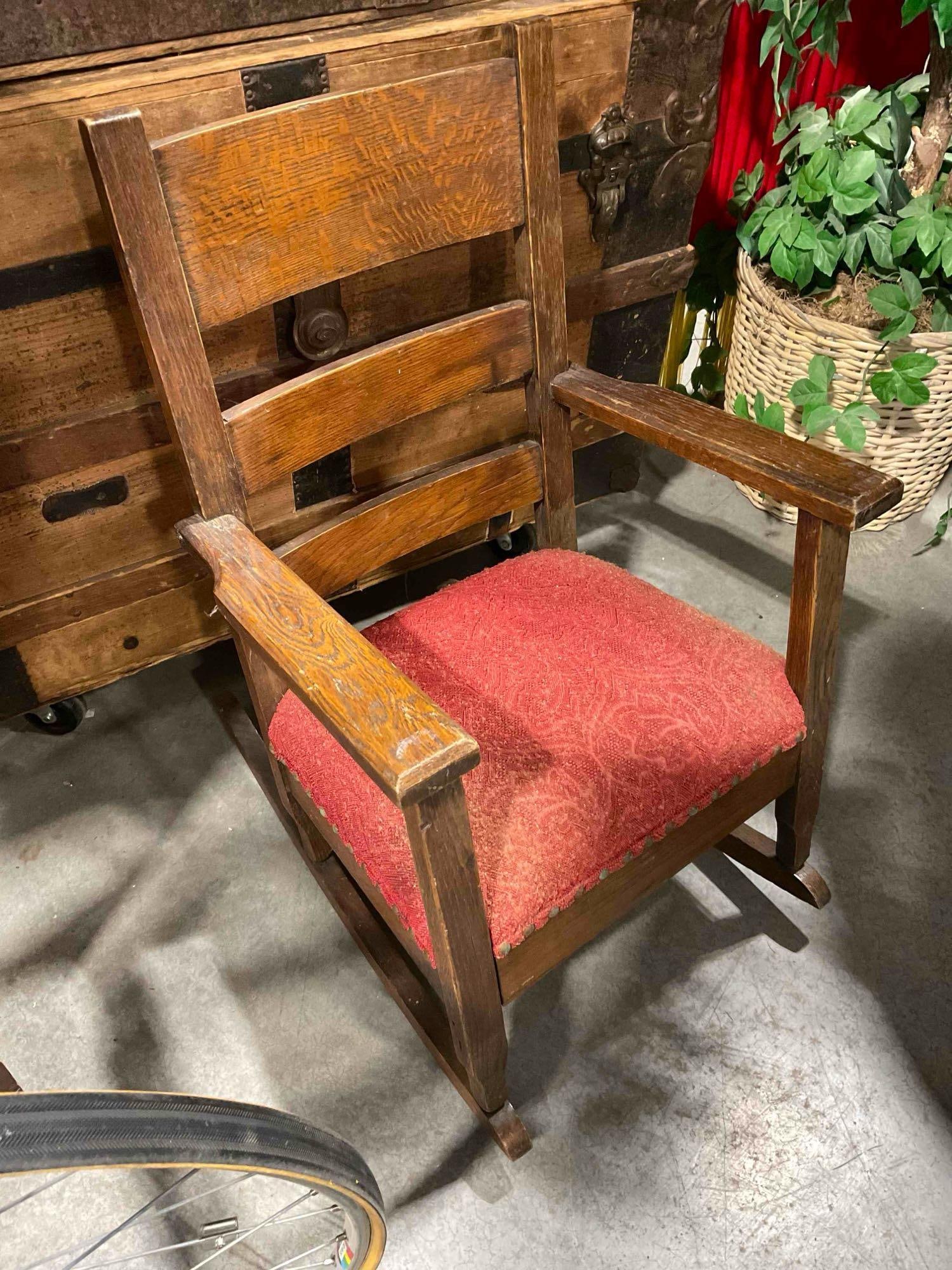 Adorable Antique Tiger Oak Wood Child's Rocking Chair w/ Red Cushion. See pics. - 3