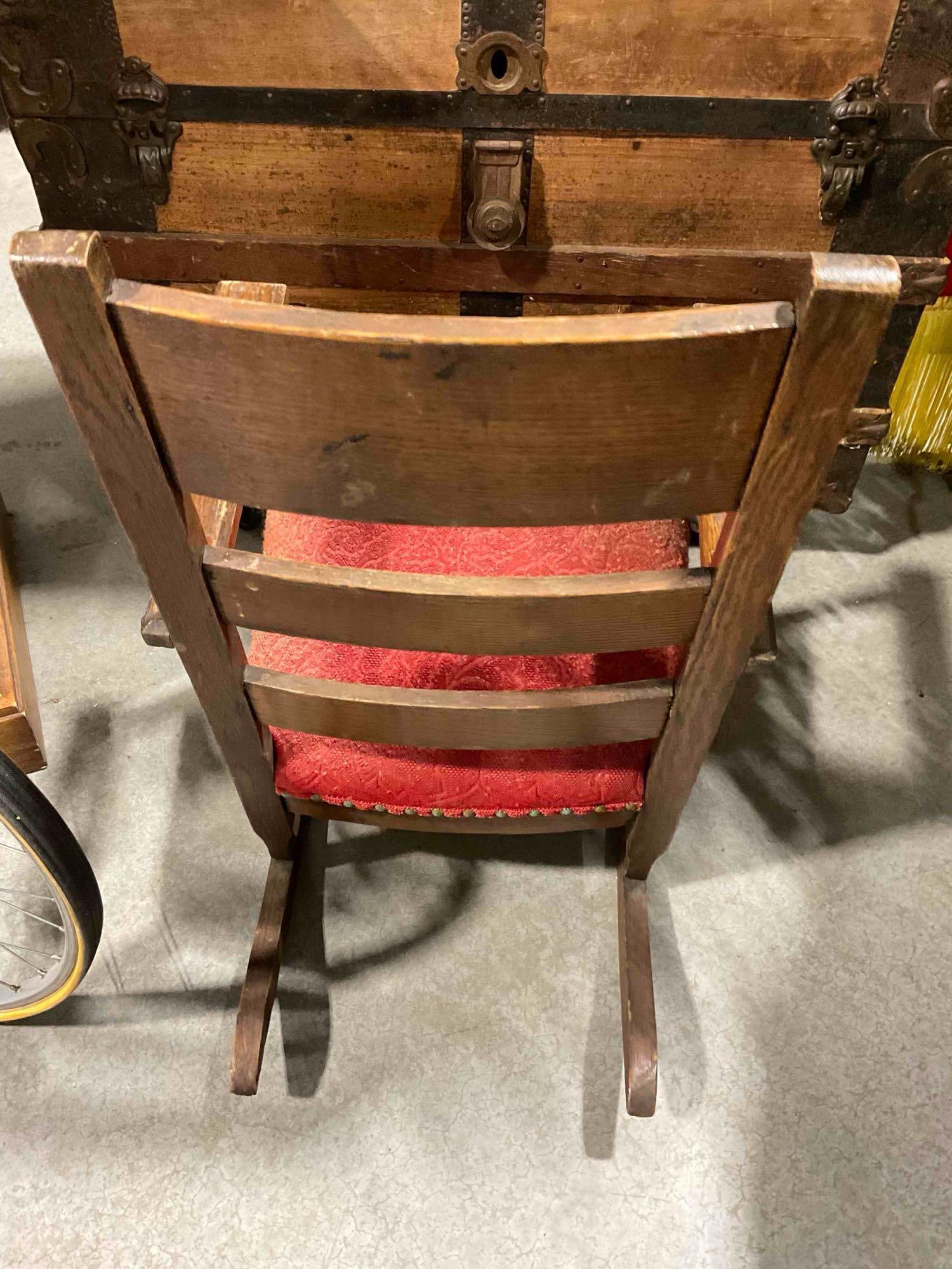 Adorable Antique Tiger Oak Wood Child's Rocking Chair w/ Red Cushion. See pics. - 4