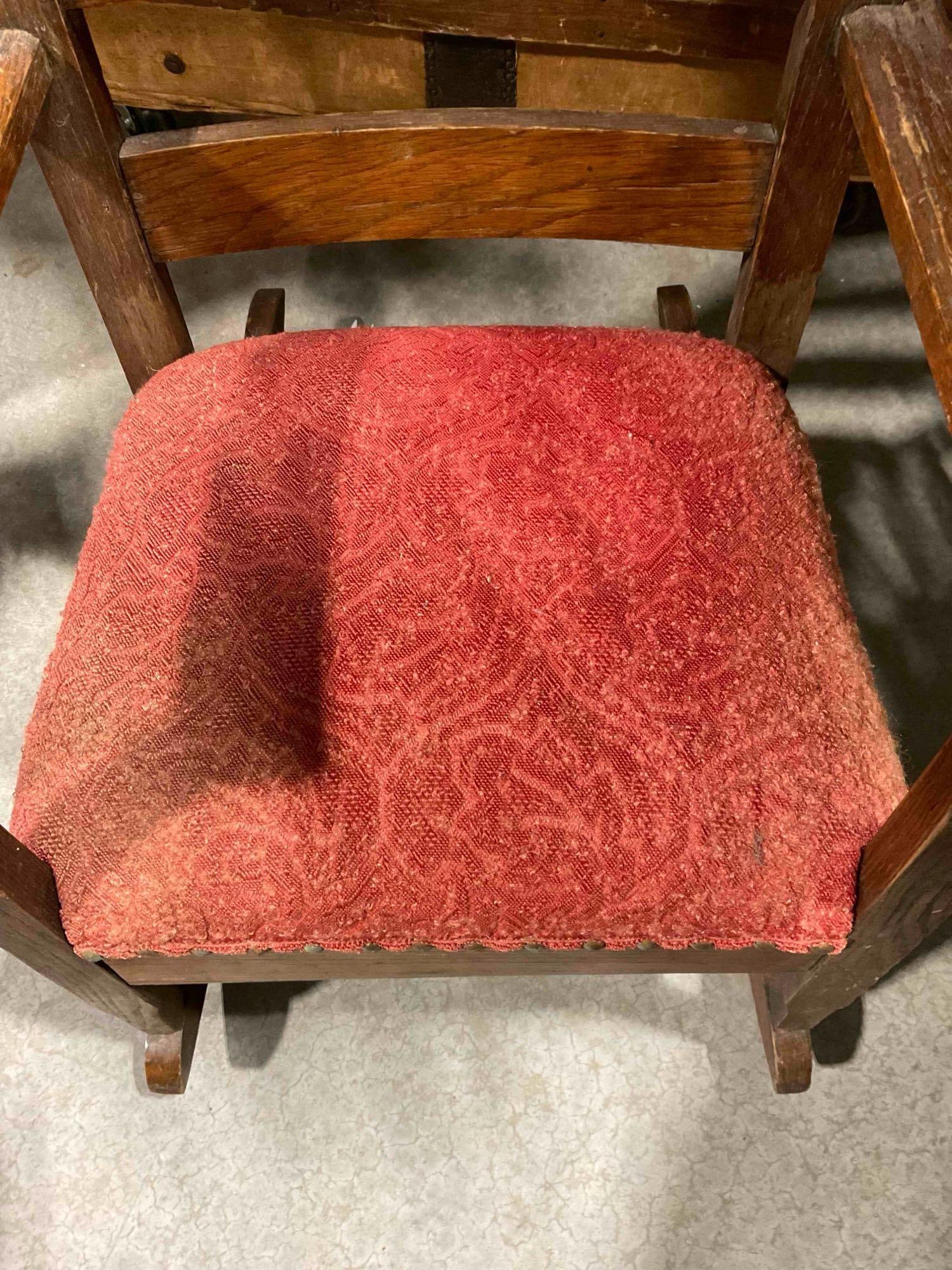 Adorable Antique Tiger Oak Wood Child's Rocking Chair w/ Red Cushion. See pics. - 5