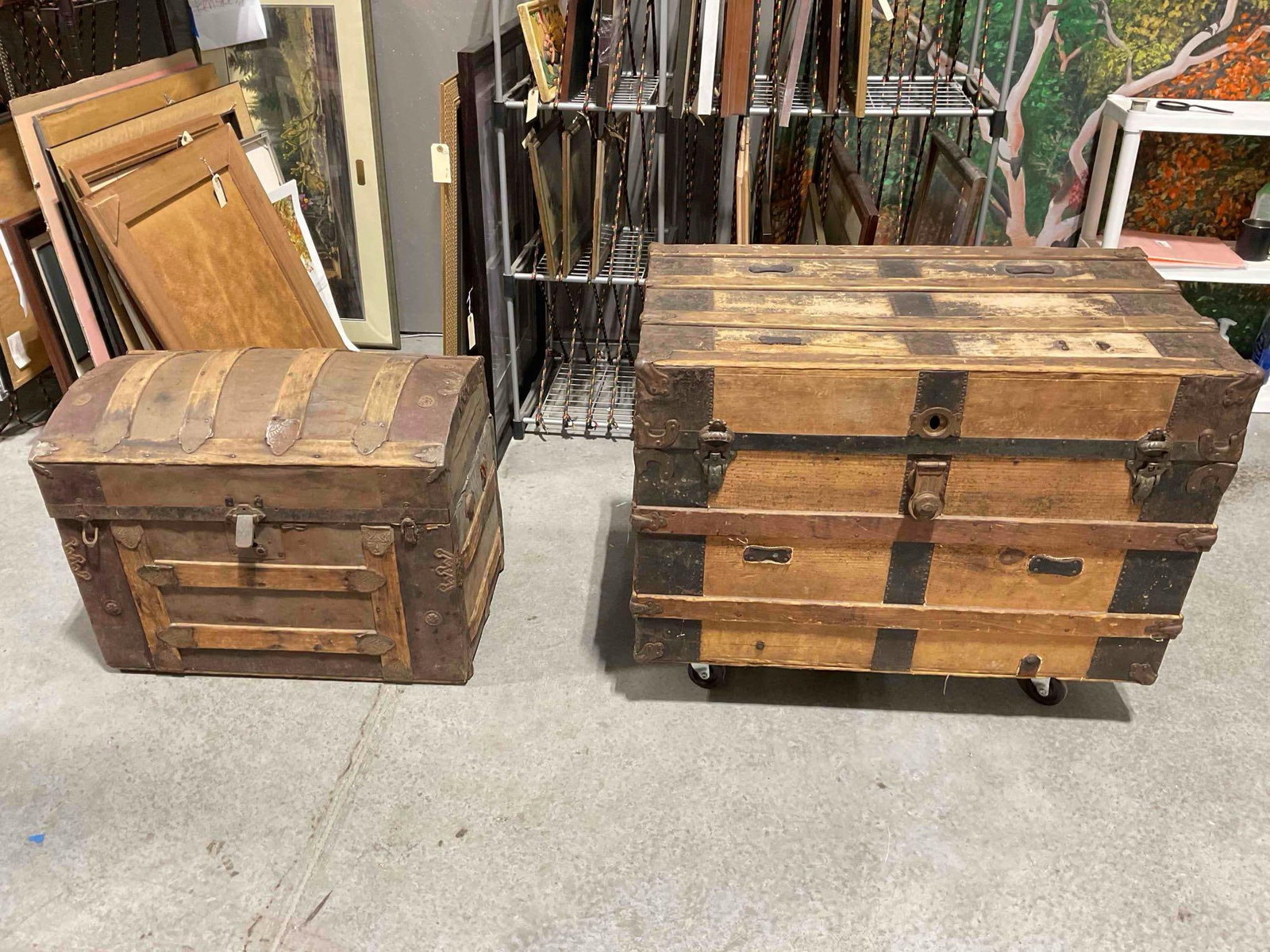 2 pcs Antique Steamer Trunks, incl. 1x Bowback Chest & 1x Flat. See pics for condition. (1 of 9)