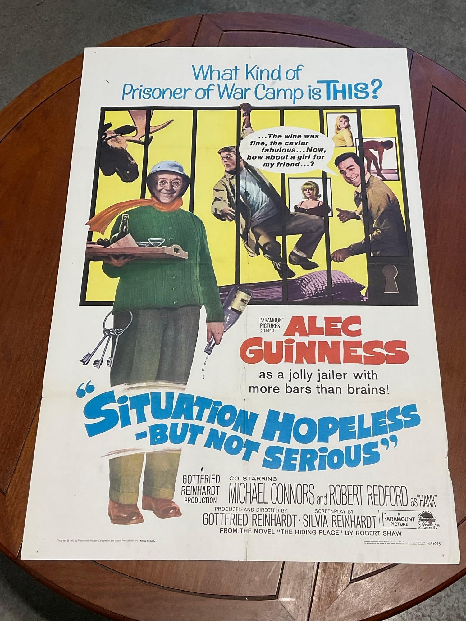 Vintage One Sheet Movie Poster, 1965 Situation Hopeless - But Not Serious, Alec Guinness: Vintage posters are in as is condition, consistent with age, see pics for condition. Some wear along the fold marks, and some foles, and slight tearing along the edge. Some dirt and discoloration