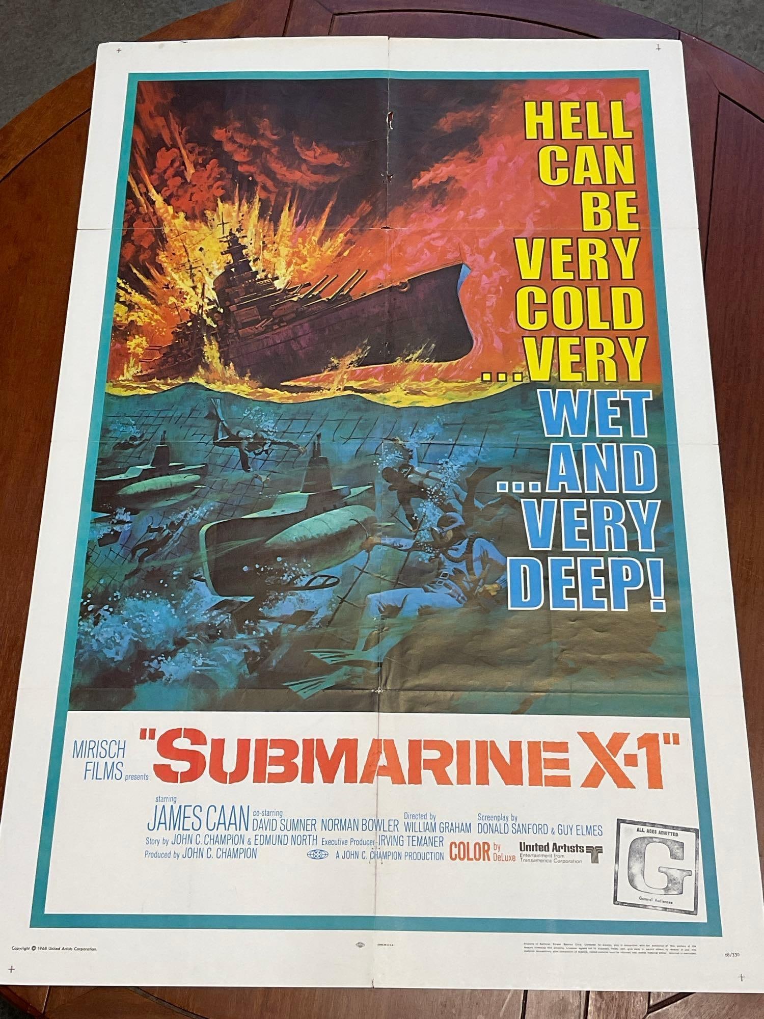 Vintage One Sheet Movie Poster, 1968 Submarine X-1, Striking Red/Blue Sea Battle: Marked 68/330. Vintage posters are in as is condition, consistent with age, see pics for condition. Some wear along the fold marks. More wear long one quarter of poster, along with some holes. The