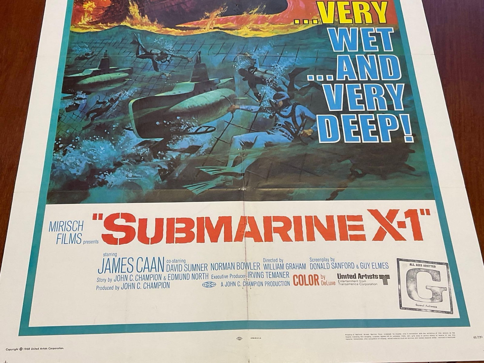 Vintage One Sheet Movie Poster, 1968 Submarine X-1, Striking Red/Blue Sea Battle - 3
