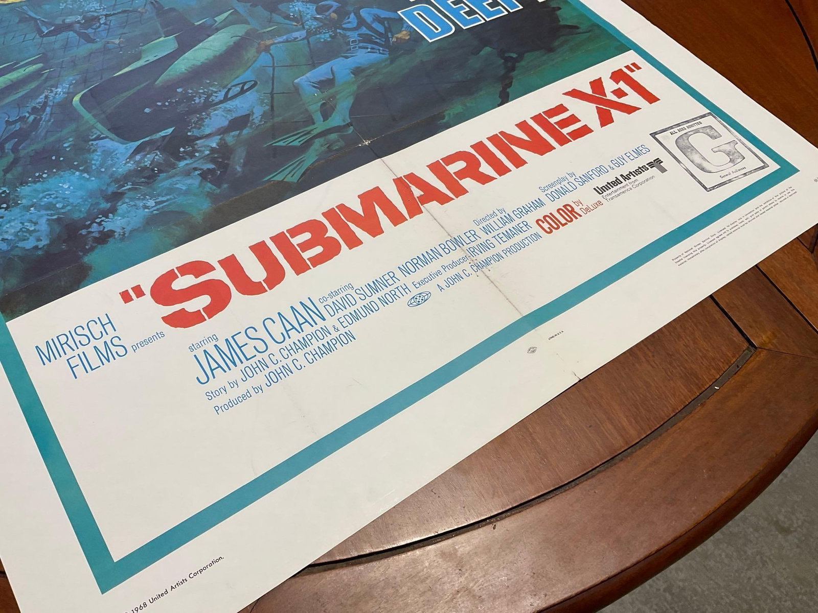 Vintage One Sheet Movie Poster, 1968 Submarine X-1, Striking Red/Blue Sea Battle - 5