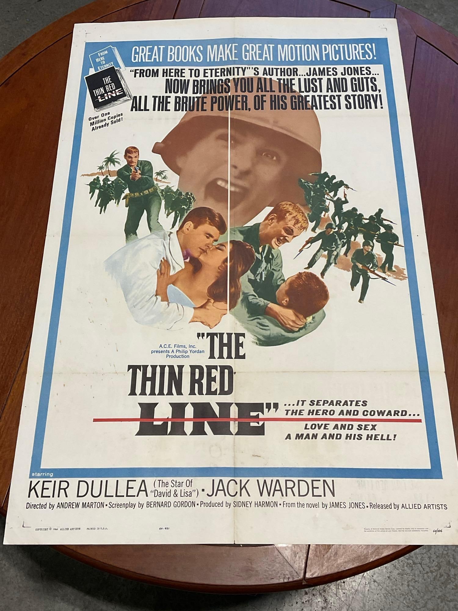 Vintage One Sheet Movie Poster, 1964 The Thin Red Line, Keir Dullea & Jack Warden: Marked 64/206. Vintage posters are in as is condition, consistent with age, see pics for condition. Some wear along the fold marks, some small holes. The poster measures approx 41h x 27w x 1d inc
