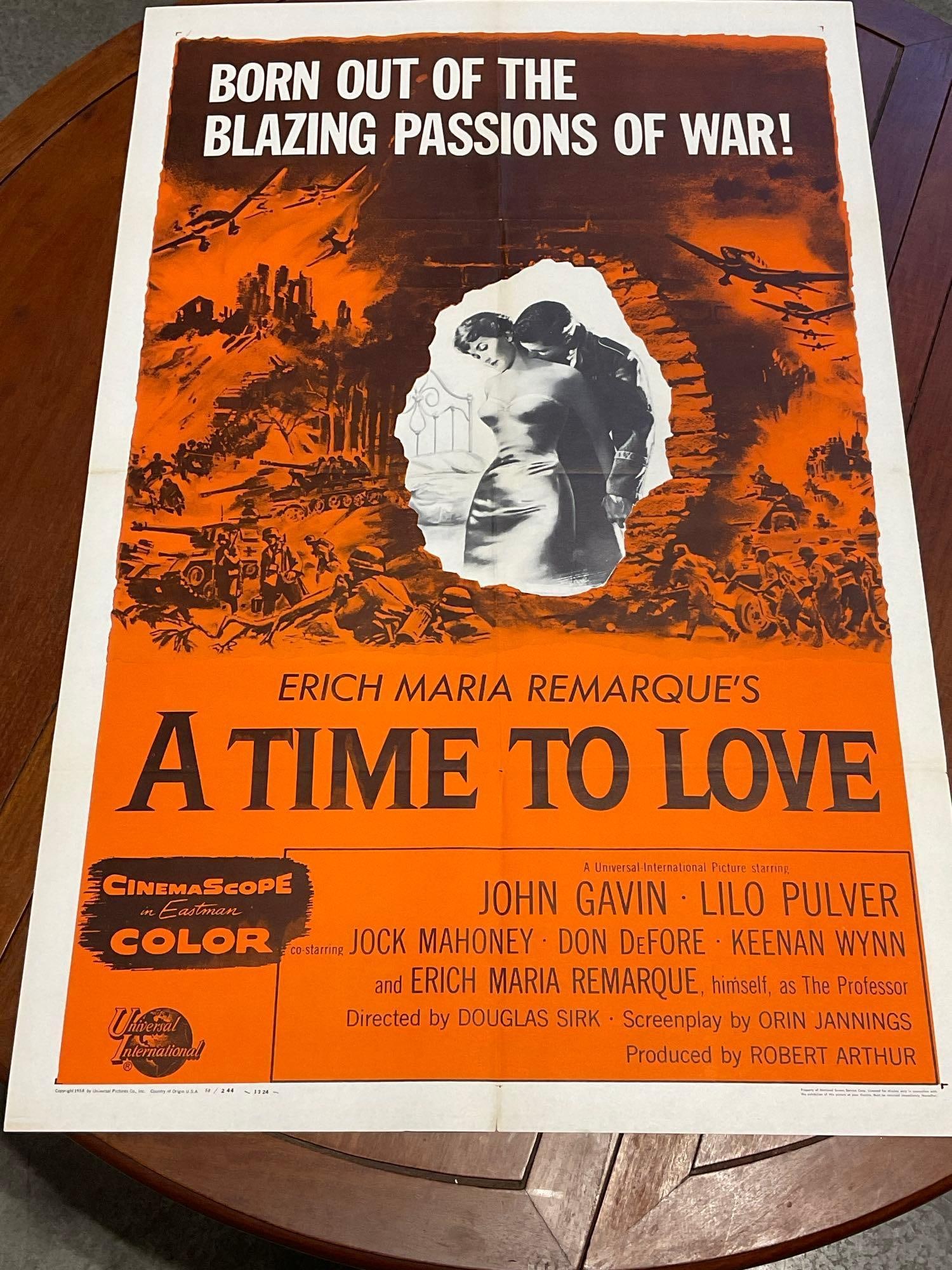 Vintage One Sheet Movie Poster, Erich Maria Remarques A Time To Love, Ochre w/couple in center: Vintage posters are in as is condition, consistent with age, see pics for condition. Some wear along the fold marks. The poster measures approx 41h x 27w x 1d inches when laid flat. E-6640