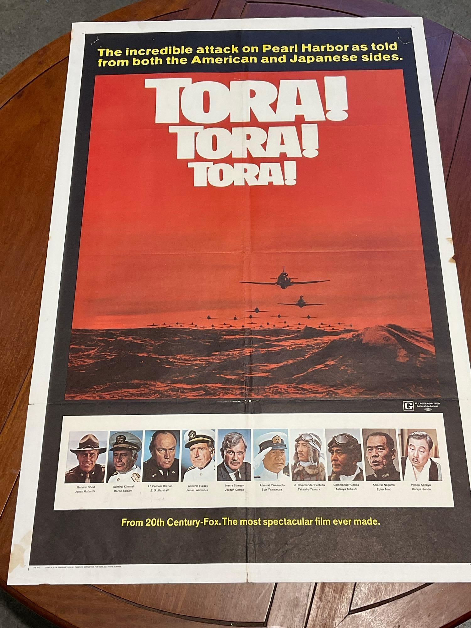Vintage One Sheet Movie Poster 1970 Tora! Tora! Tora! Planes over the Sea in Red/Black w/cast below: Vintage posters are in as is condition, consistent with age, see pics for condition. Some wear along the fold marks. Some rips & small holes in the paper, as well as some discoloration on