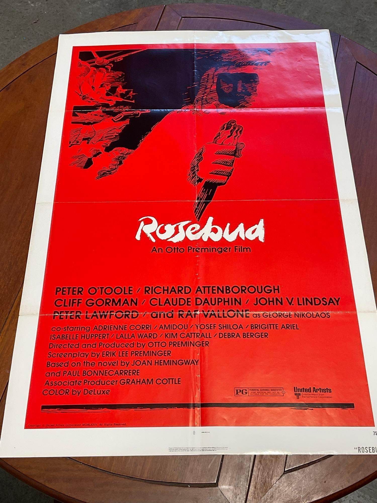 Vintage One Sheet Movie Poster 1974 Rosebud Striking Duo Tone Redscale Poster, Peter O Toole: Marked 75/86. Vintage posters are in as is condition, consistent with age, see pics for condition. The poster measures approx 41h x 27w x 1d inches when laid flat. E-6640