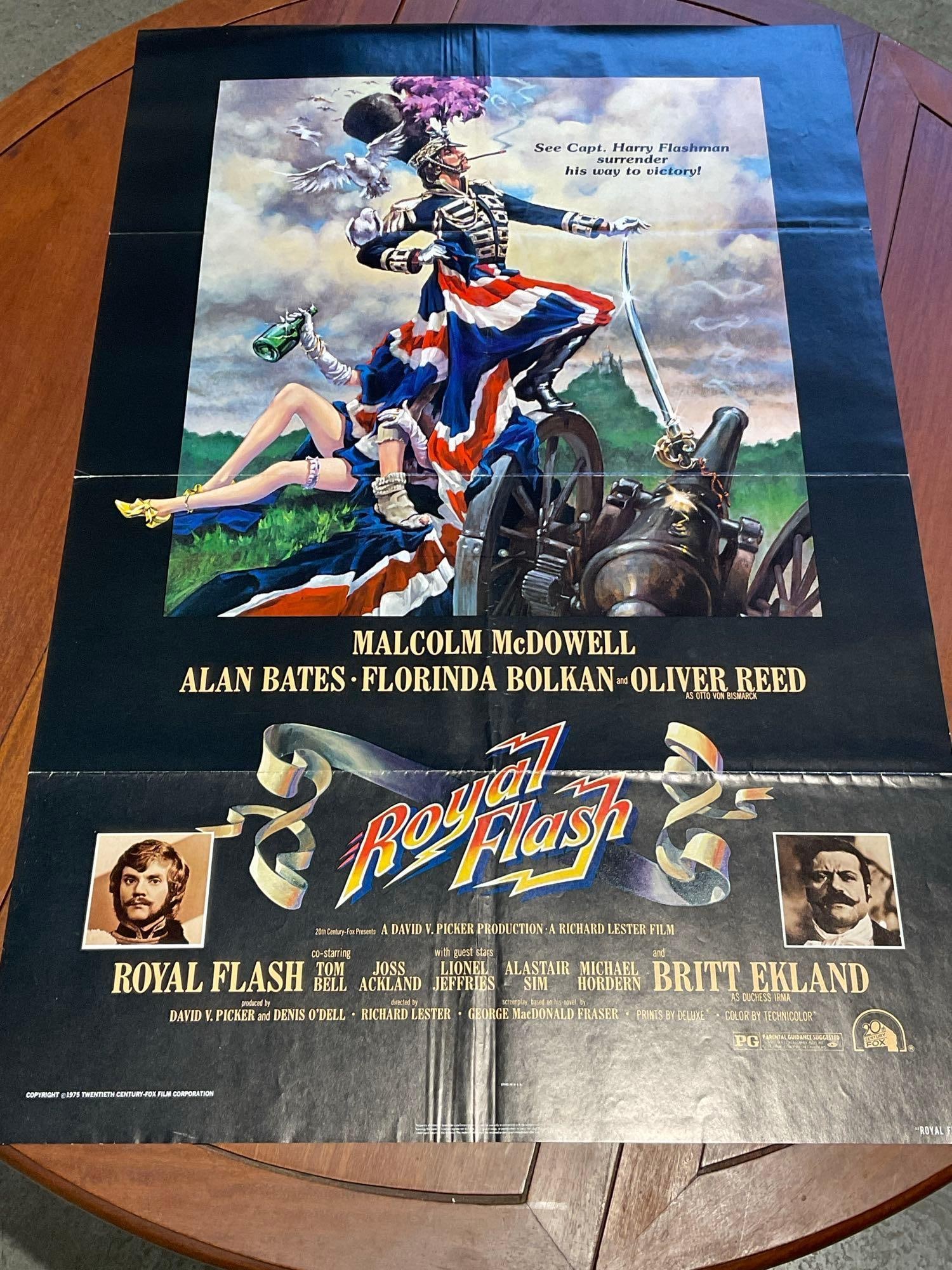 Vintage One Sheet Movie Poster, 1975 Royal Flash, Black w/Painted style image: Vintage posters are in as is condition, consistent with age, see pics for condition. The poster measures approx 41h x 27w x 1d inches when laid flat. E-6640