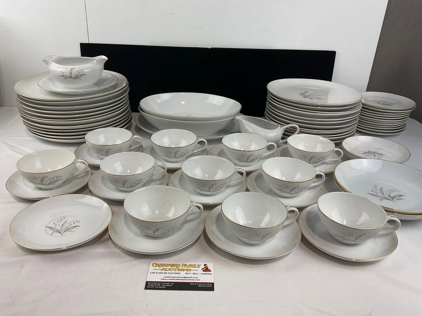 Vintage Kaysons Fine China Japan, Golden Rhapsody 1961 Pattern, approx 67 pieces, gilt rims: Lily of the valley pattern on all of the pieces. Includes service for 12, dinner plates, lunch plates, saucers, bread & butter plates, 11 cups missing one, 2 low bowls, 2 small plates, 2