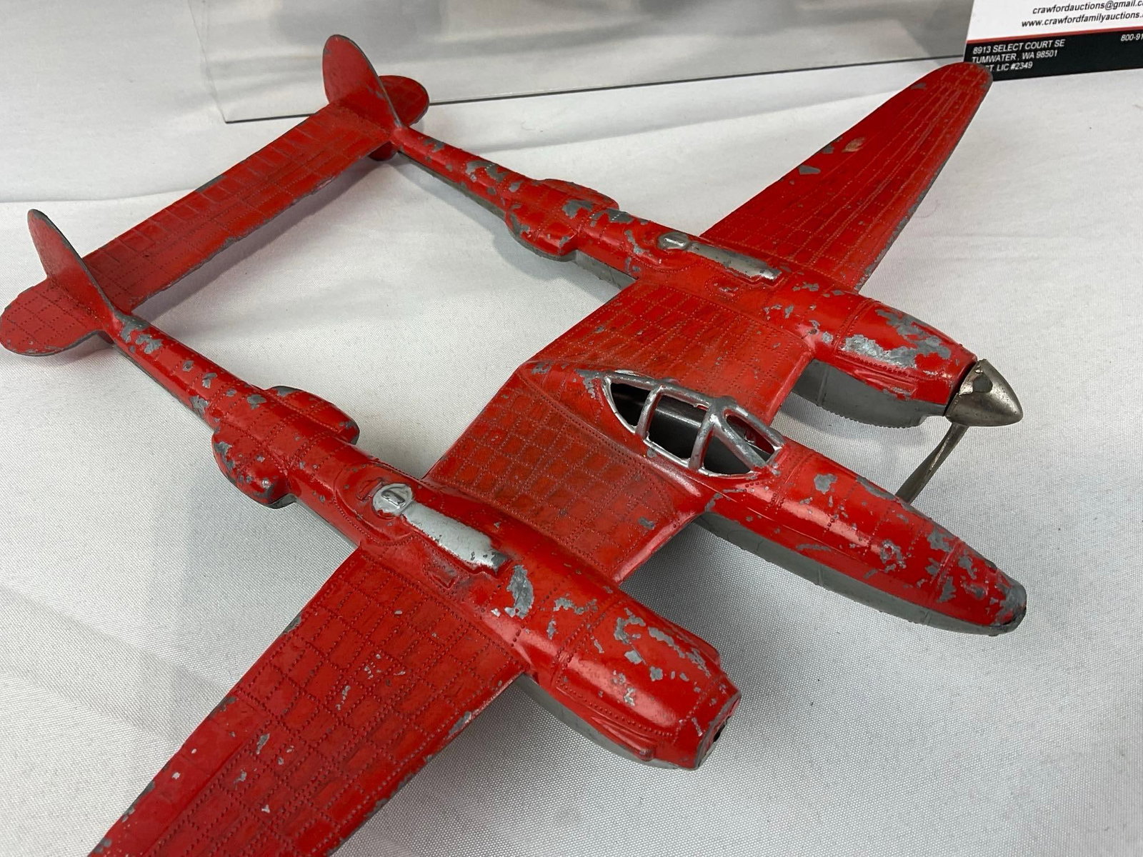2 Vintage Metal Toys, Hubley P-38 Lightning & Ertl International Harvester Dump Truck Pay Hauler - 2