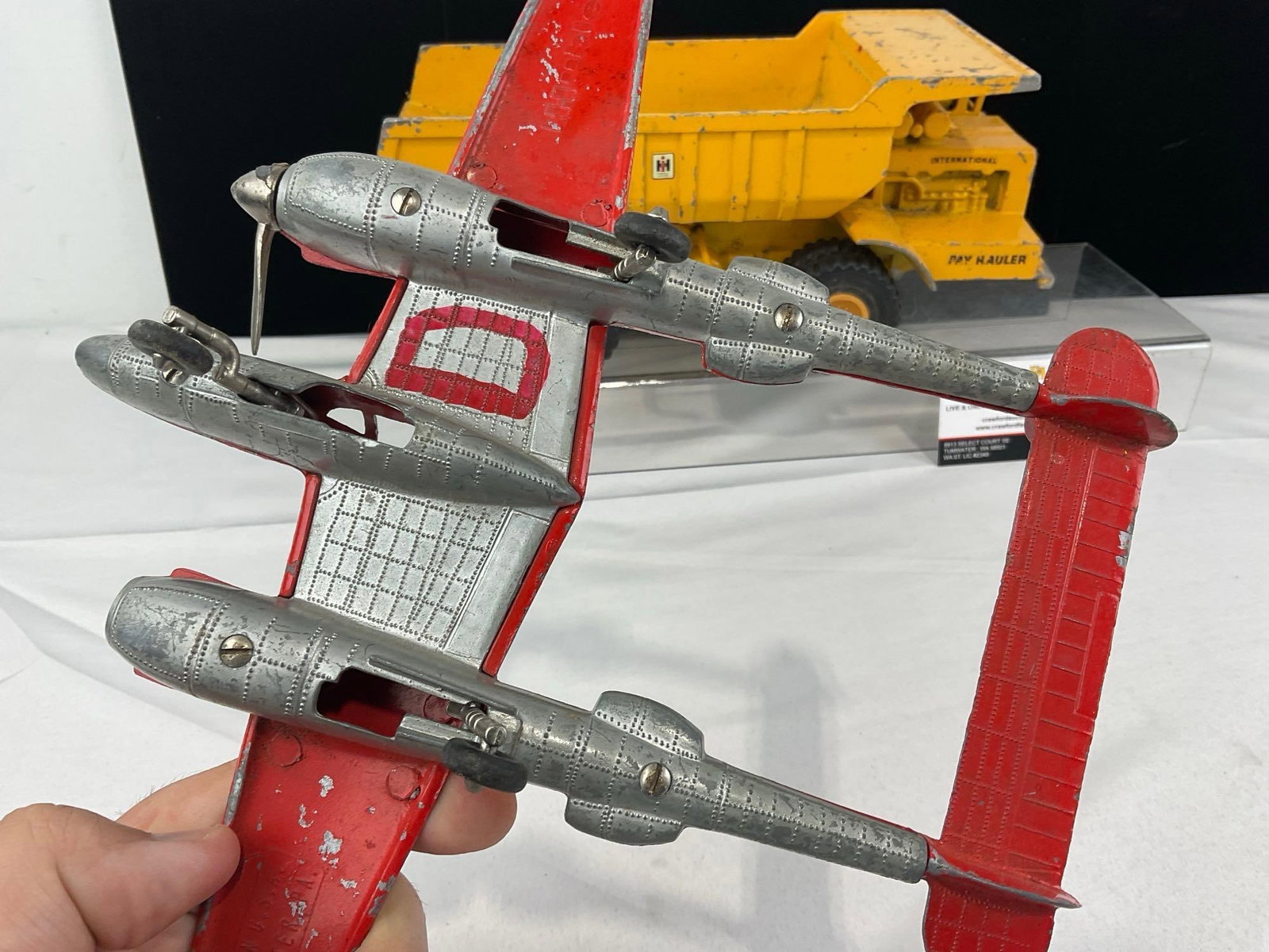 2 Vintage Metal Toys, Hubley P-38 Lightning & Ertl International Harvester Dump Truck Pay Hauler - 3