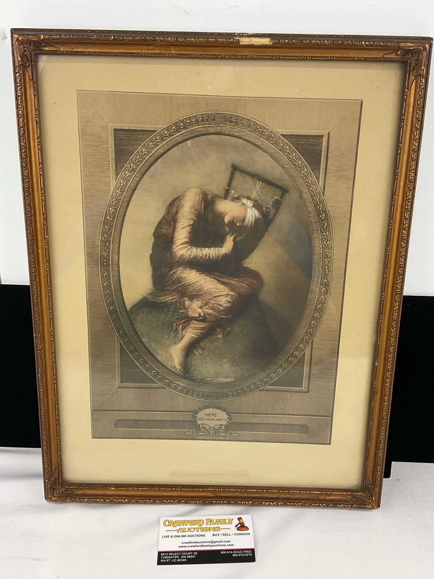 Framed Antique Etching Print, Hope by George Frederic Watts (1817-1904), 18x14 inches: The frame has some wear. The piece measures approx 18h x 14w x 3d inches. See pics. E-6610