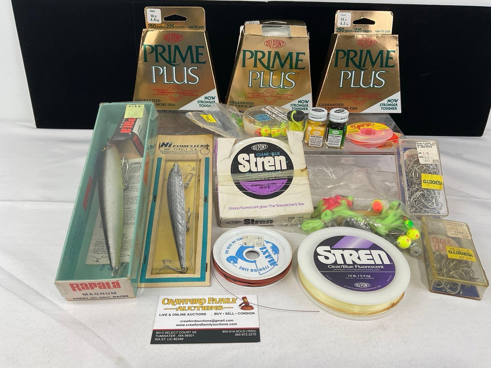 Rapala Magnum, Prime Plus & Dupont Stren Line, Variety of Hooks, Small Set of Lure Making supplies: Packaging shows some wear. The piece measures approx 10h x 8w x 12d inches. See pics. E-6610