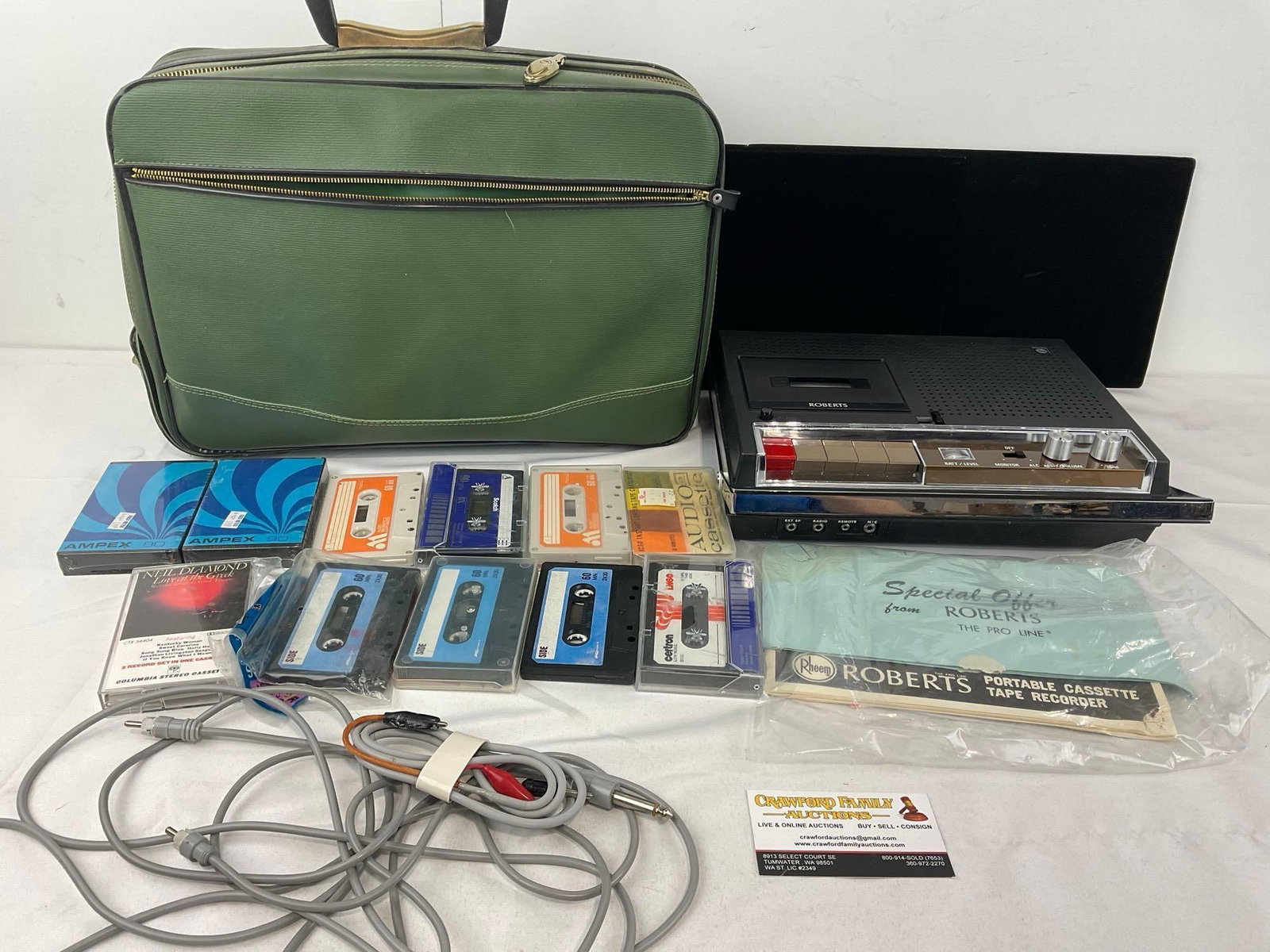 Rheem Roberts Model 80 Portable Cassette Tape Recorder, w/Cables, case, & a few cassettes: See pics for condition. The piece measures approx 12h x 16w x 6d inches. E-6610