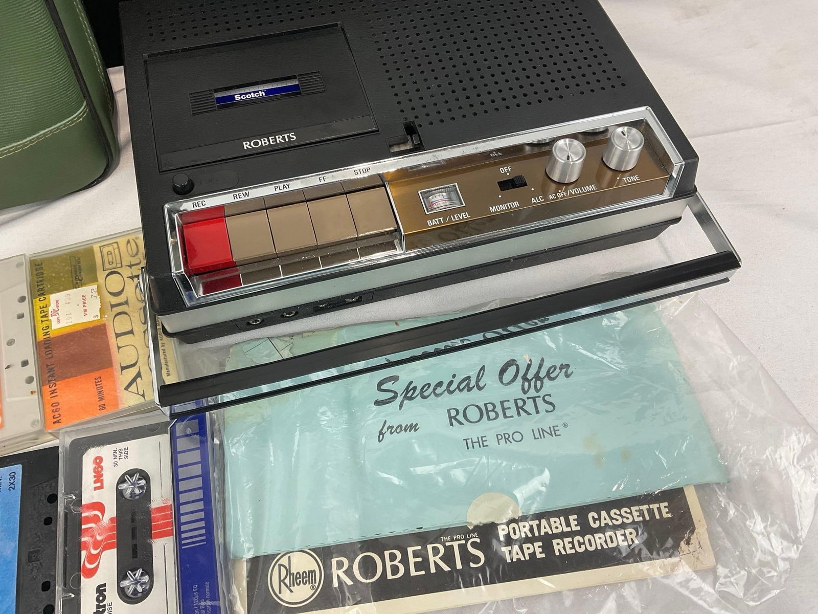 Rheem Roberts Model 80 Portable Cassette Tape Recorder, w/Cables, case, & a few cassettes - 3