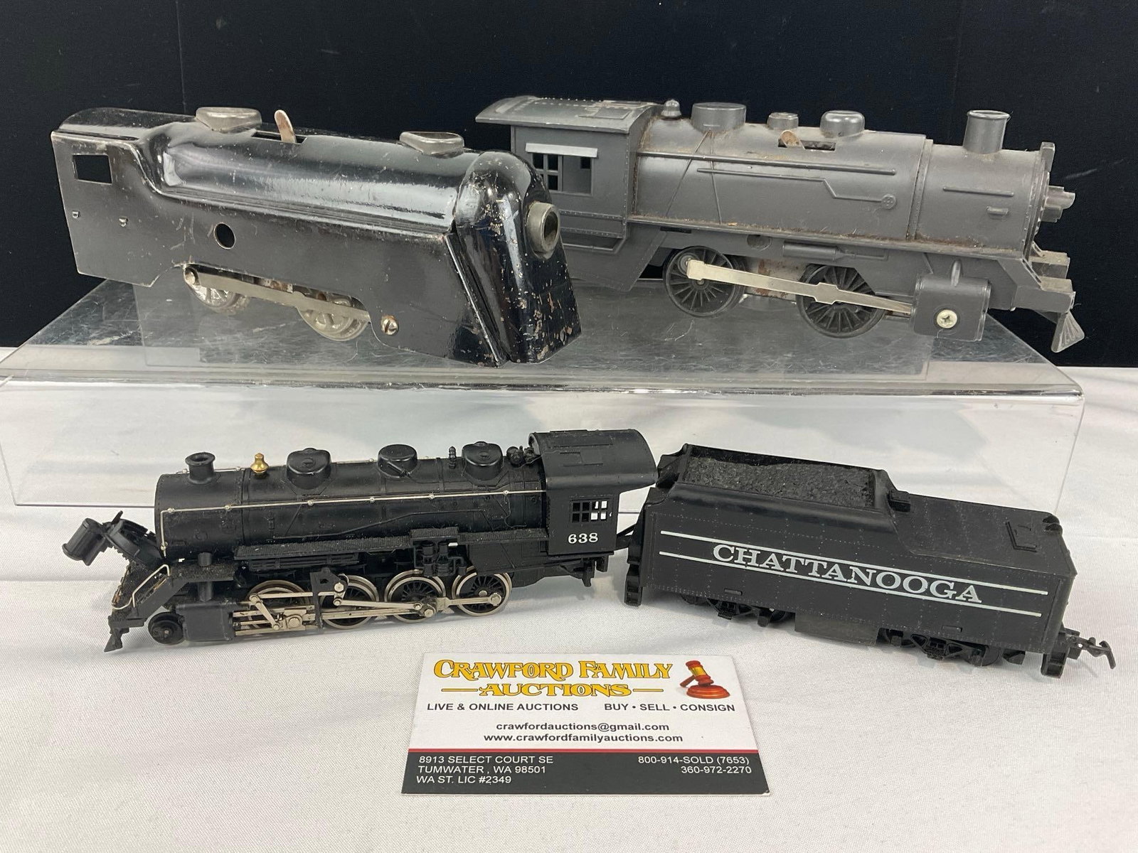 3 Locomotive Toys, 2x Louis Marx & Co O-Gauge, 50s era & 30s Commodore Vanderbilt, + Tyco HO 2-8-0: See pics for condition. Some scratches, the wind up two are untested. The piece measures approx 5h x 13w x 12d inches. E-6610