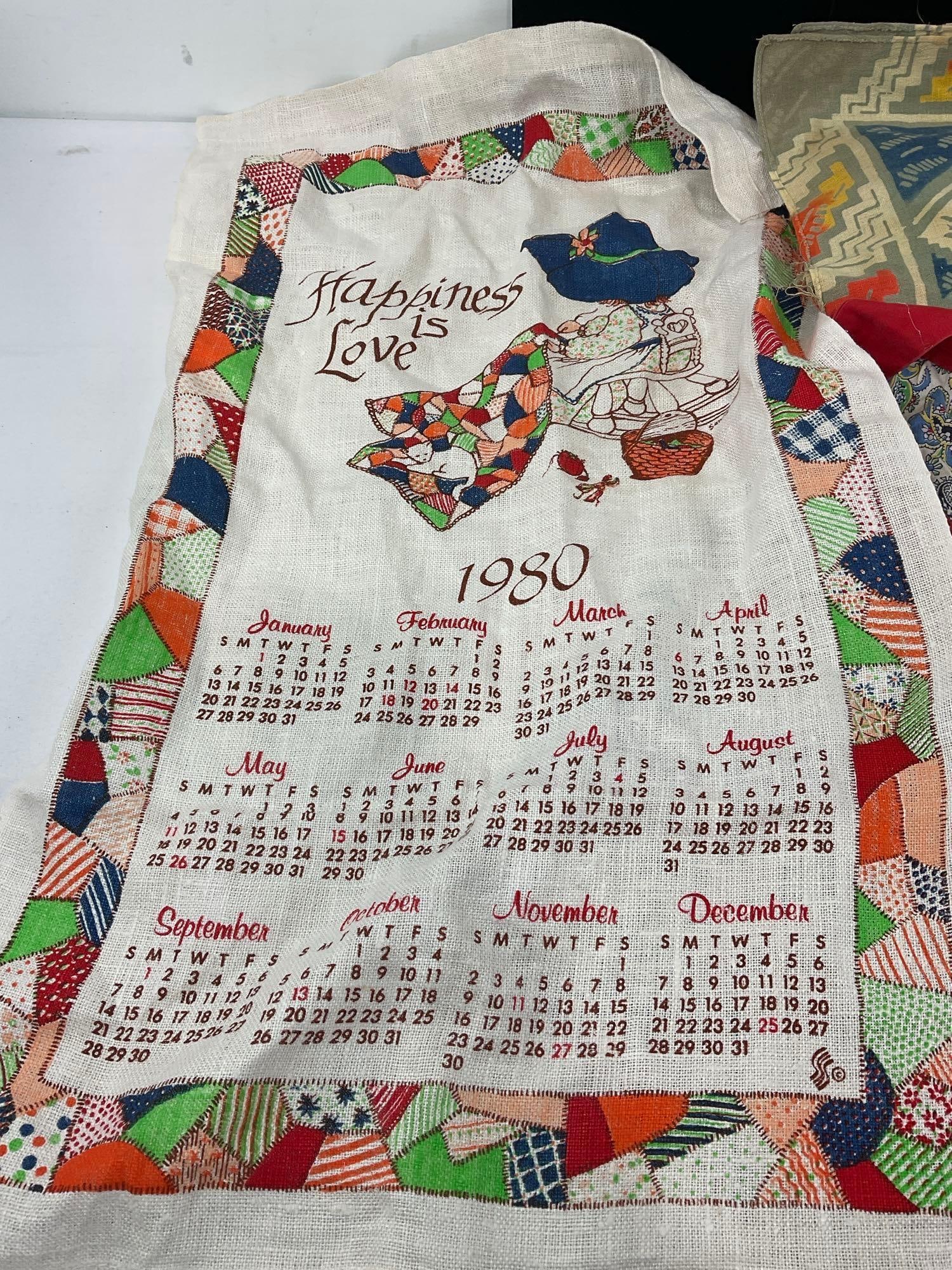 Variety of 4 Handmade Aprons, Cloth Calendar, & 2 Tablecloths, Floral patterns, approx 36x36 inches - 2