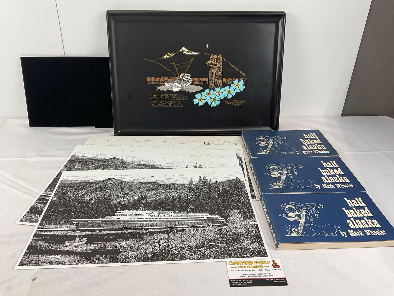 3 Custom Inlaid Composite Couroc Trays Alaskan Designs by Mark Wheeler, w/Signed Books, & Lithos: Ketchikan Alaska, brass inlaid signature & mountain designs, lacquered wood. One signed & numbered on the back. All three of the books are First Edition, personalized and signed. See pics for 