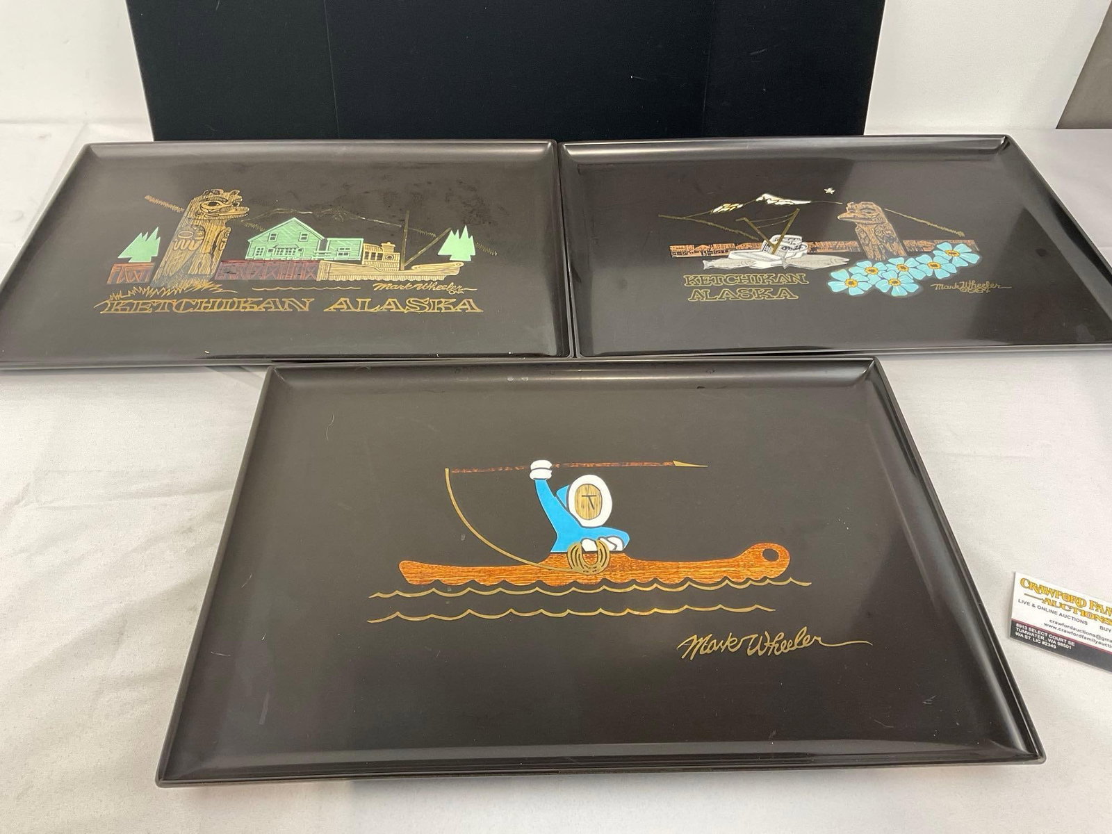 3 Custom Inlaid Composite Couroc Trays Alaskan Designs by Mark Wheeler, w/Signed Books, & Lithos - 4