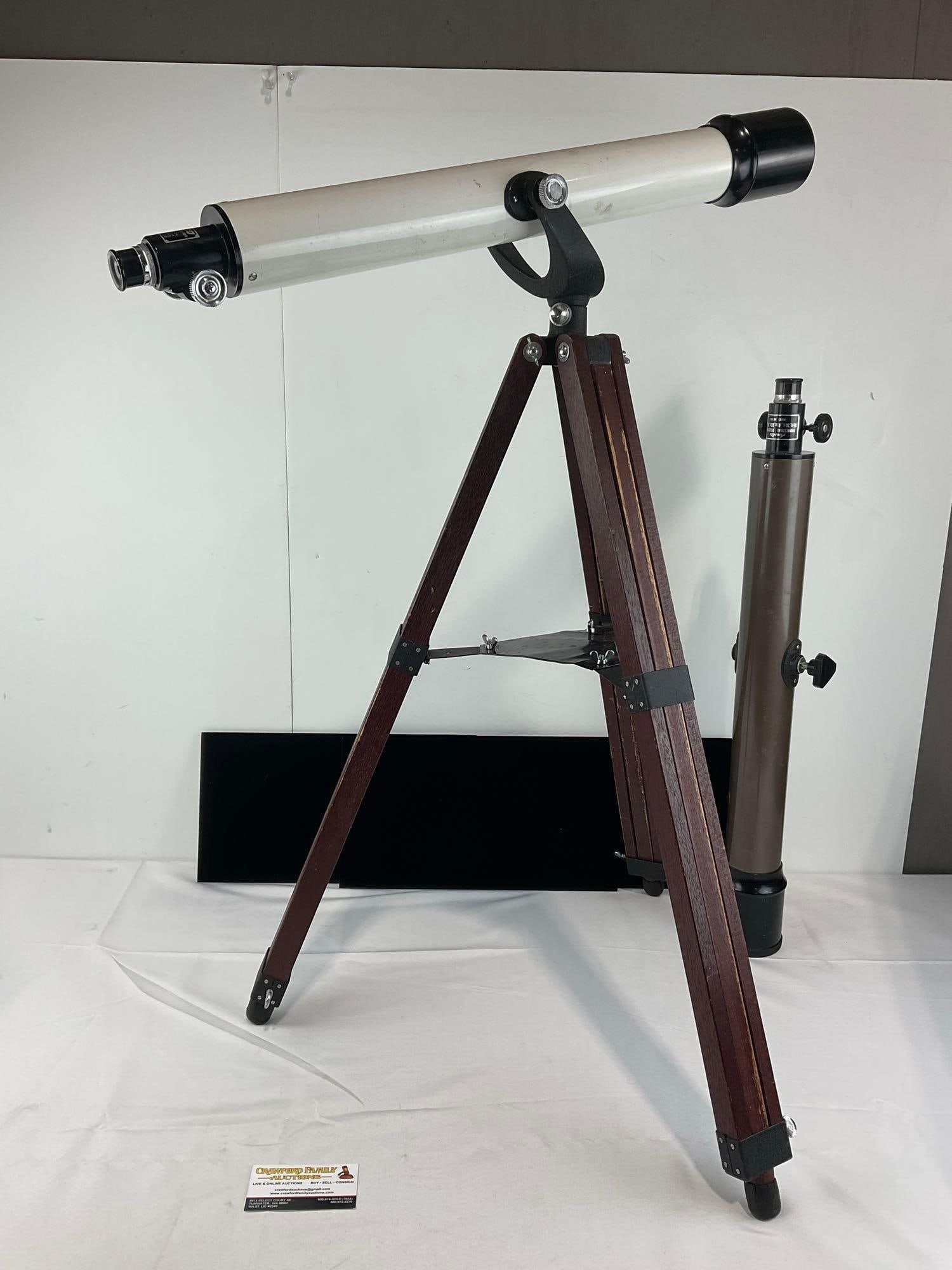 2 60mm Telescopes, w/1 wooden tripod, Tasco variable #3560 & Aerolite Terrestrial #861: See pics for condition. Some finish missing. The Tasco fits the tripod. The piece measures approx 34h x 8w x 8d inches. E-6610 *Oversized shipping may apply*