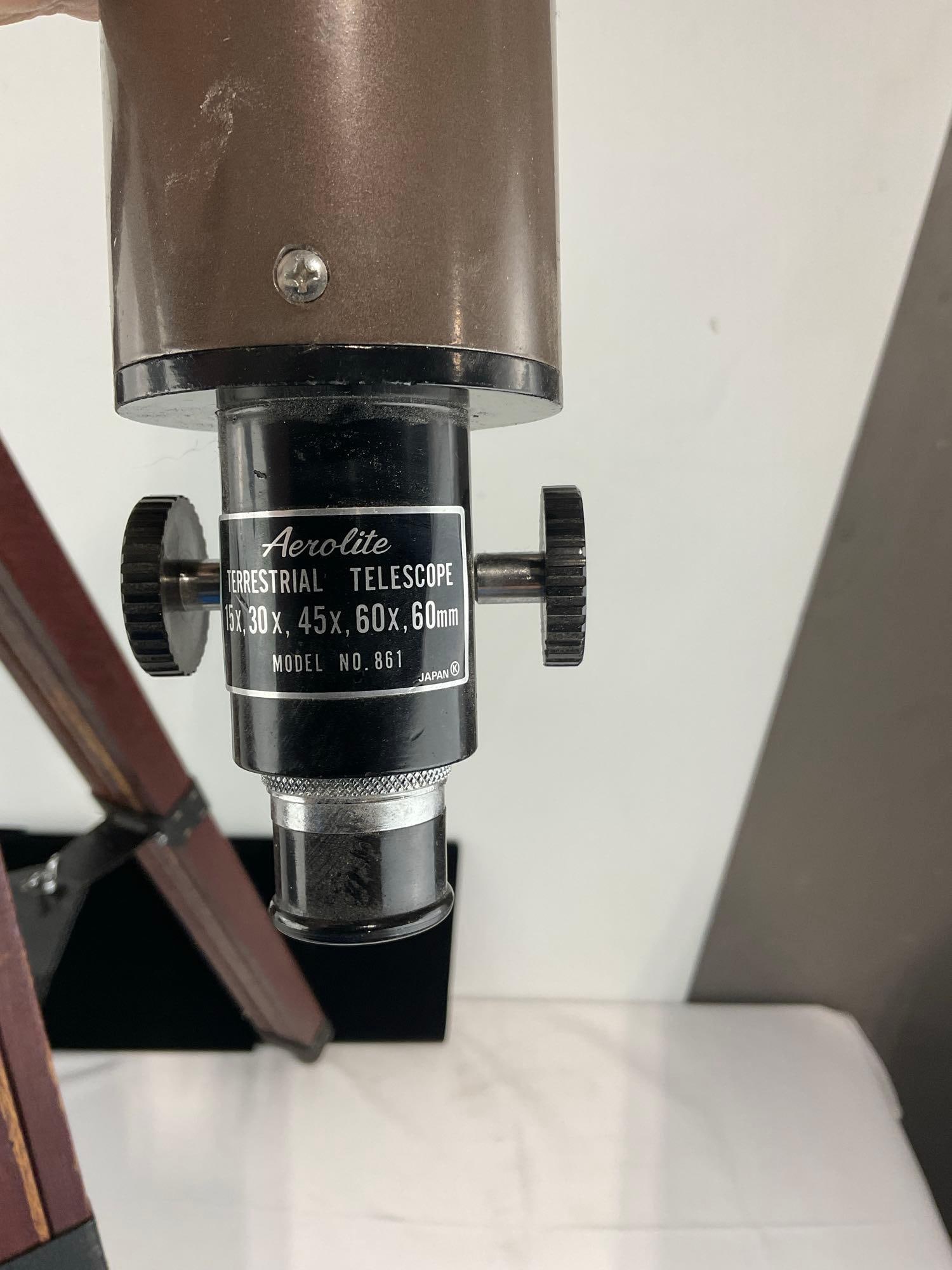 2 60mm Telescopes, w/1 wooden tripod, Tasco variable #3560 & Aerolite Terrestrial #861 - 3
