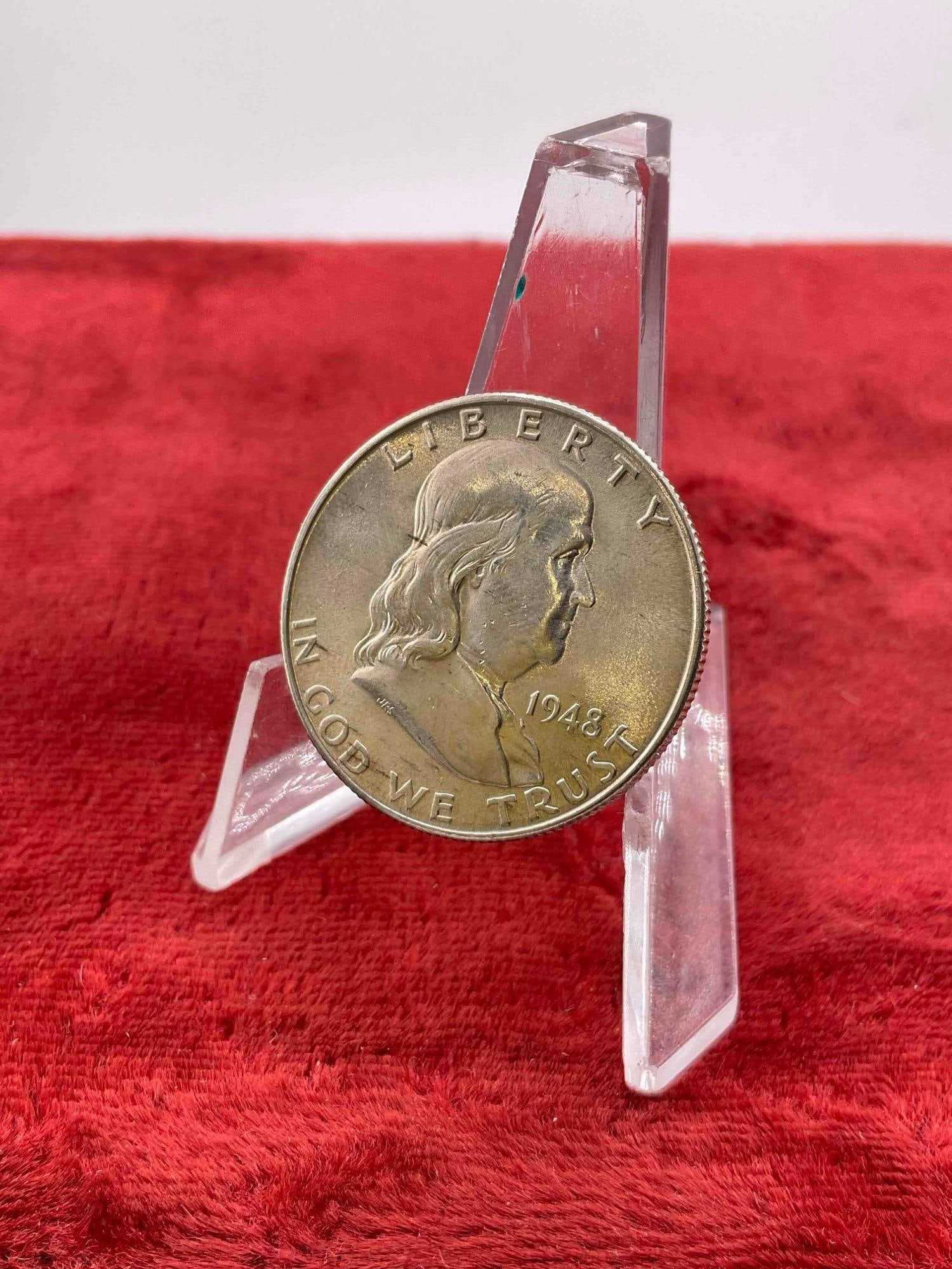 Vintage 1948-D Silver Ch BU Quality Franklin Half Dollar Coin. First Year Issue.: Vintage 1948-D Silver Ch BU Quality Franklin Half Dollar Coin. First Year Issue. DM-1554