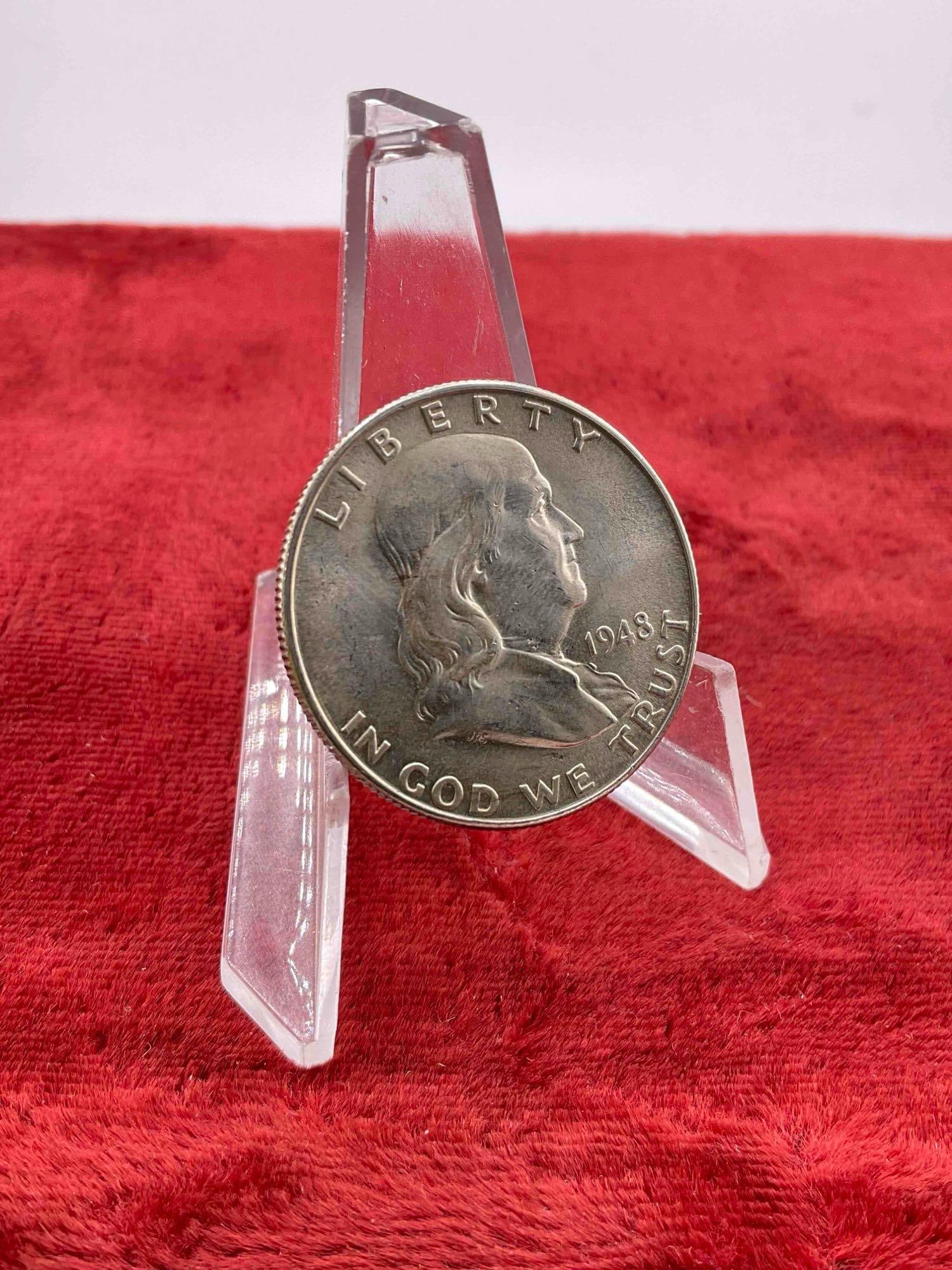 Vintage 1948-D Silver Ch BU Quality Franklin Half Dollar Coin. First Year Issue. - 2