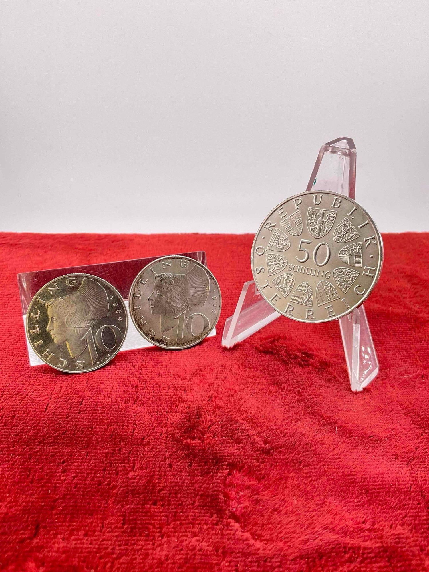 3 pcs Vintage Unc Austrian Silver Coins, Commemorative 1972 50 Schillings & 10 Schillings.: 3 pcs Vintage Unc Austrian Silver Coins, Commemorative 1972 50 Schillings & 10 Schillings. DM-1554