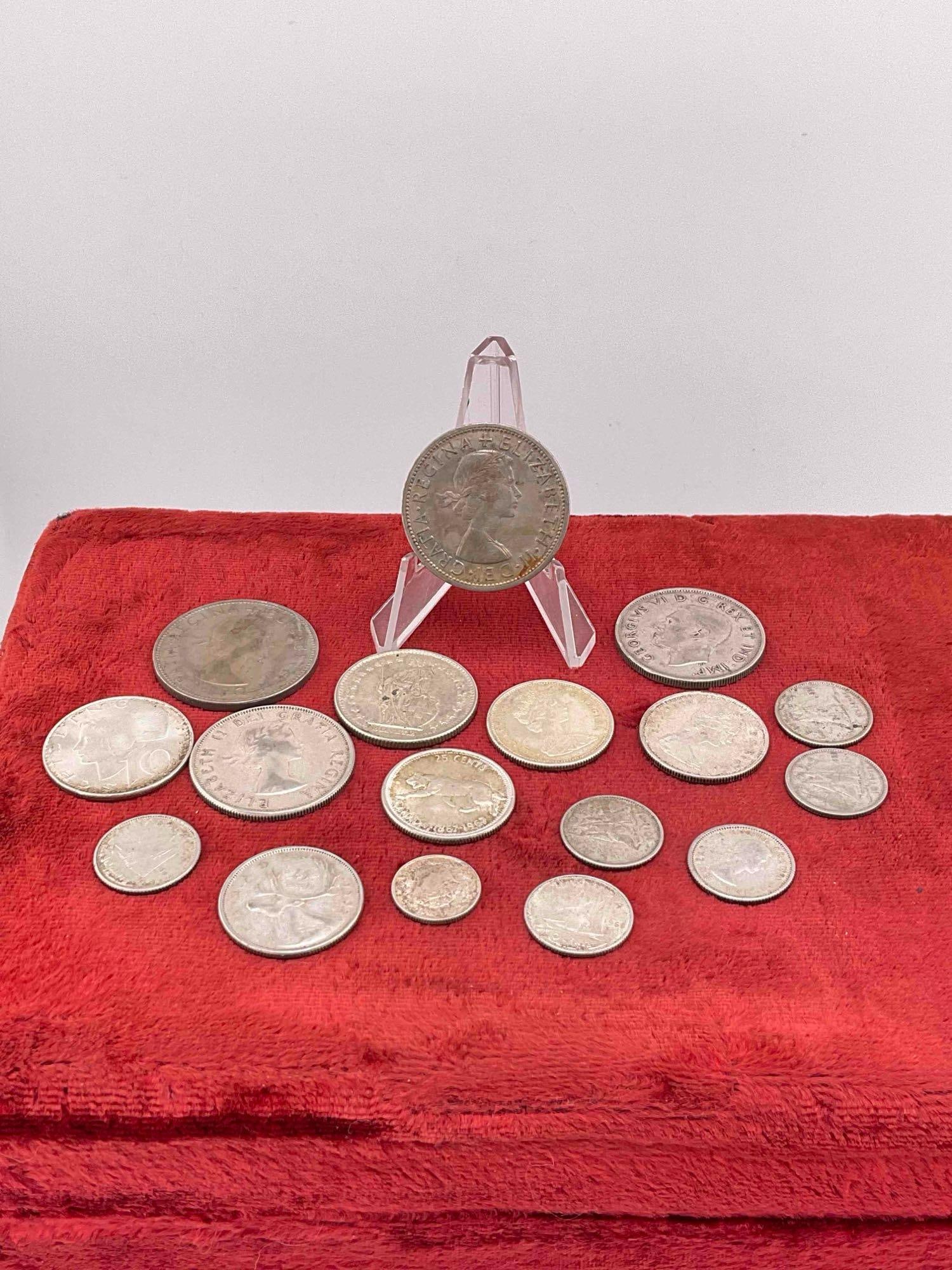 17 pcs Vintage Foreign Silver Coins, incl. Austrian Schilling & Canadian Quarter.: 17 pcs Vintage Foreign Silver Coins, incl. Austrian Schilling & Canadian Quarter. DM-1554