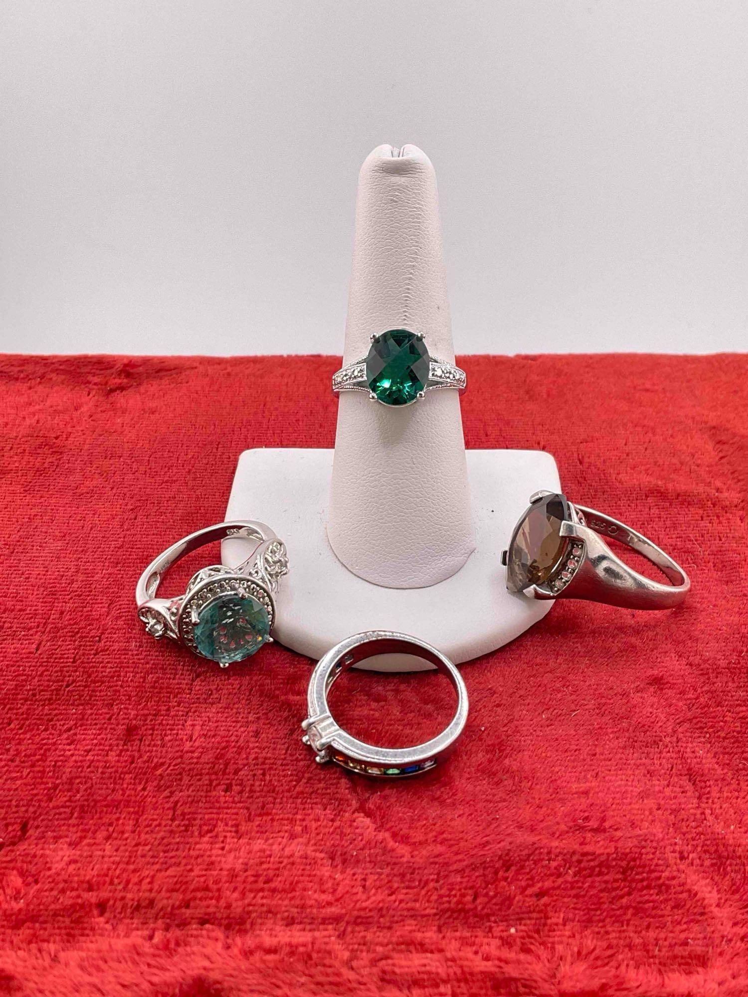 4 pcs Sterling Silver Rings w/ Colorful Stone Settings. Assorted Sizes. - 2