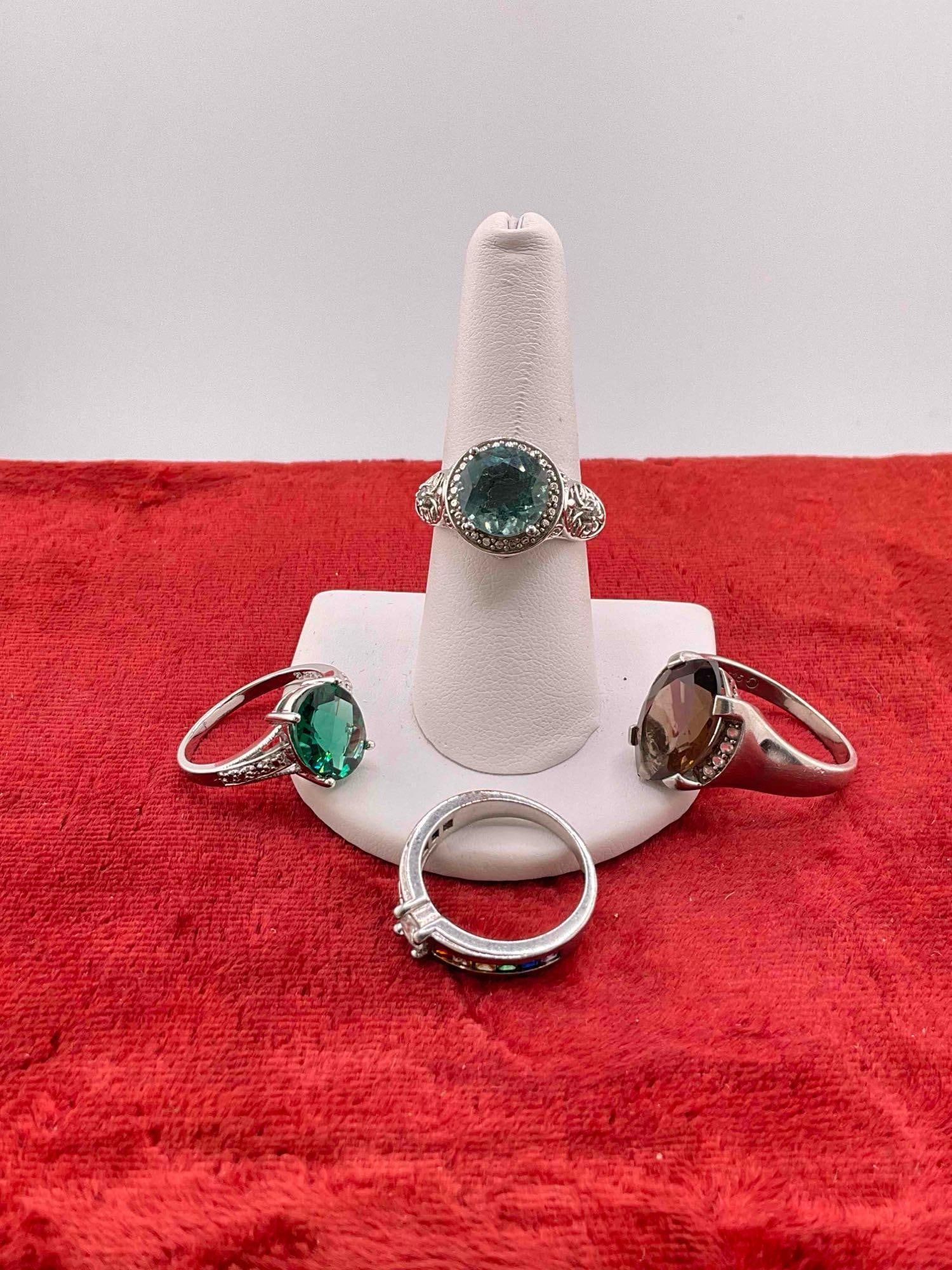 4 pcs Sterling Silver Rings w/ Colorful Stone Settings. Assorted Sizes. - 3