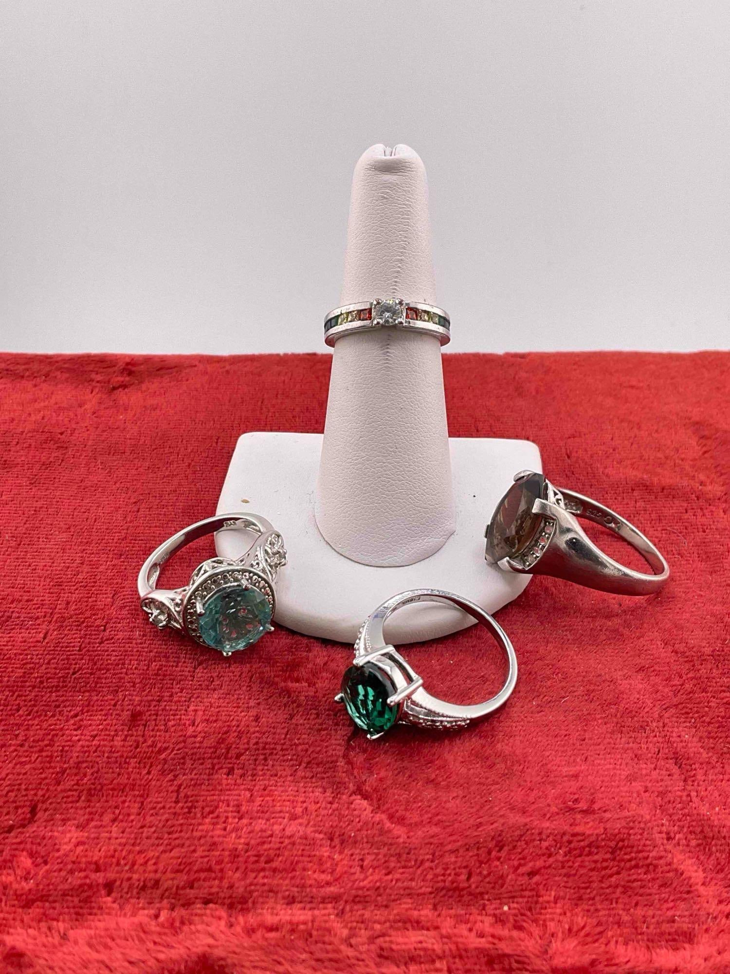 4 pcs Sterling Silver Rings w/ Colorful Stone Settings. Assorted Sizes. - 4