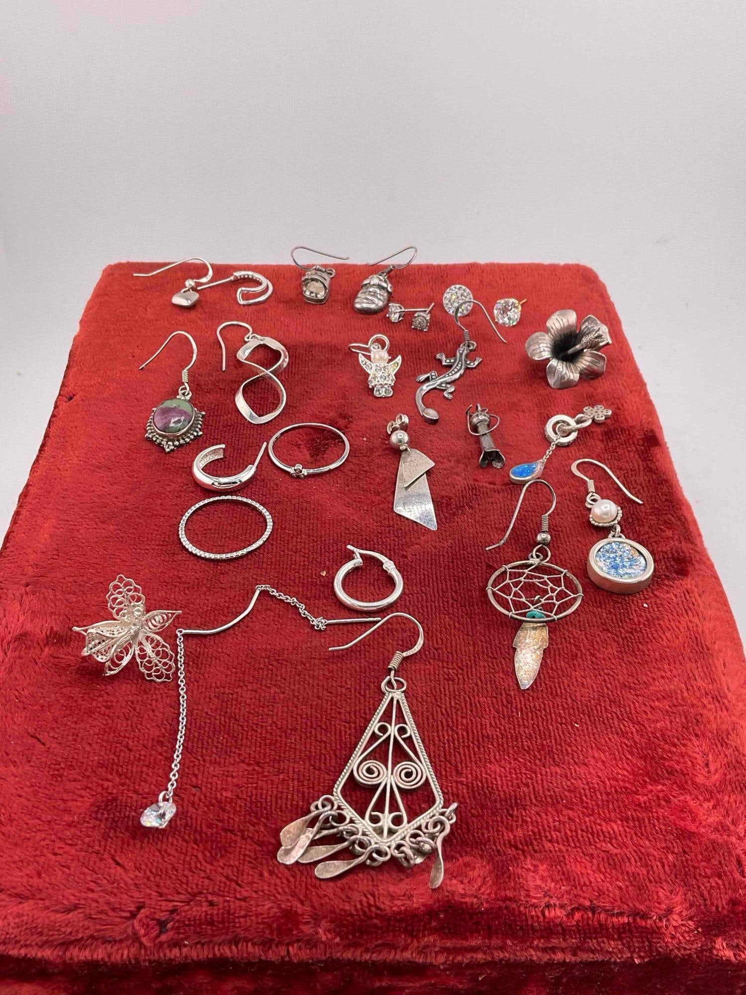 Assortment of Sterling Silver Jewelry, incl. 22 pcs Mismatched Earrings & 2 pcs Rings. (1 of 3)