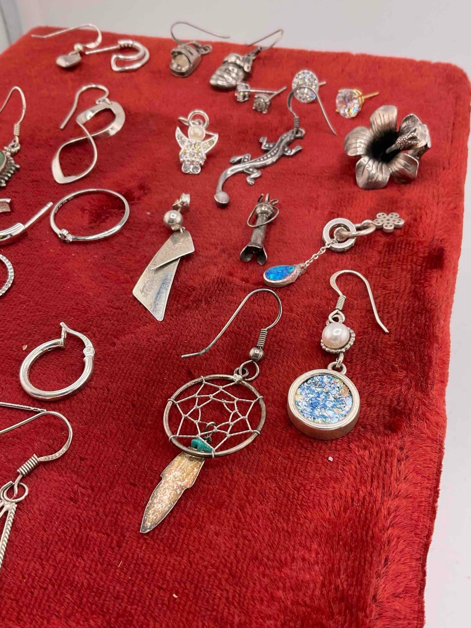Assortment of Sterling Silver Jewelry, incl. 22 pcs Mismatched Earrings & 2 pcs Rings. - 2