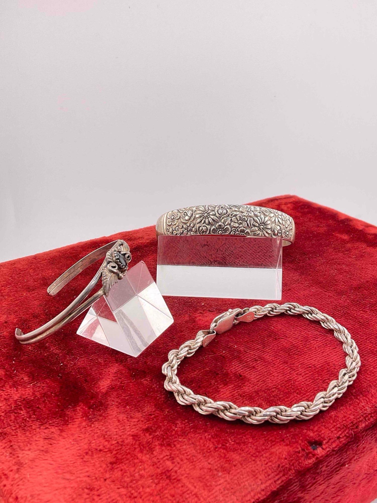 3 pcs Vintage Sterling Silver Bracelets, 2x Cuffs & 1x Chain. - 2
