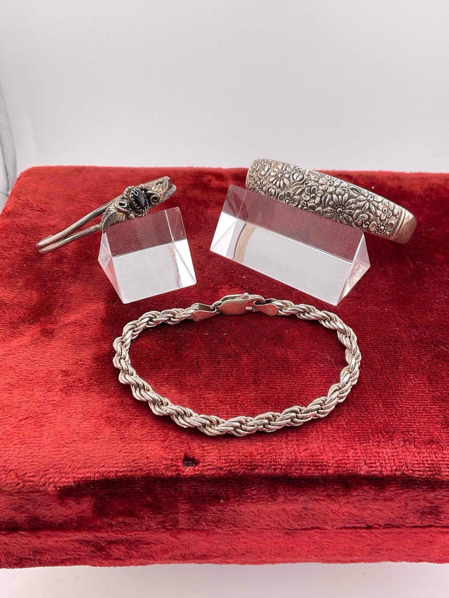 3 pcs Vintage Sterling Silver Bracelets, 2x Cuffs & 1x Chain. - 3