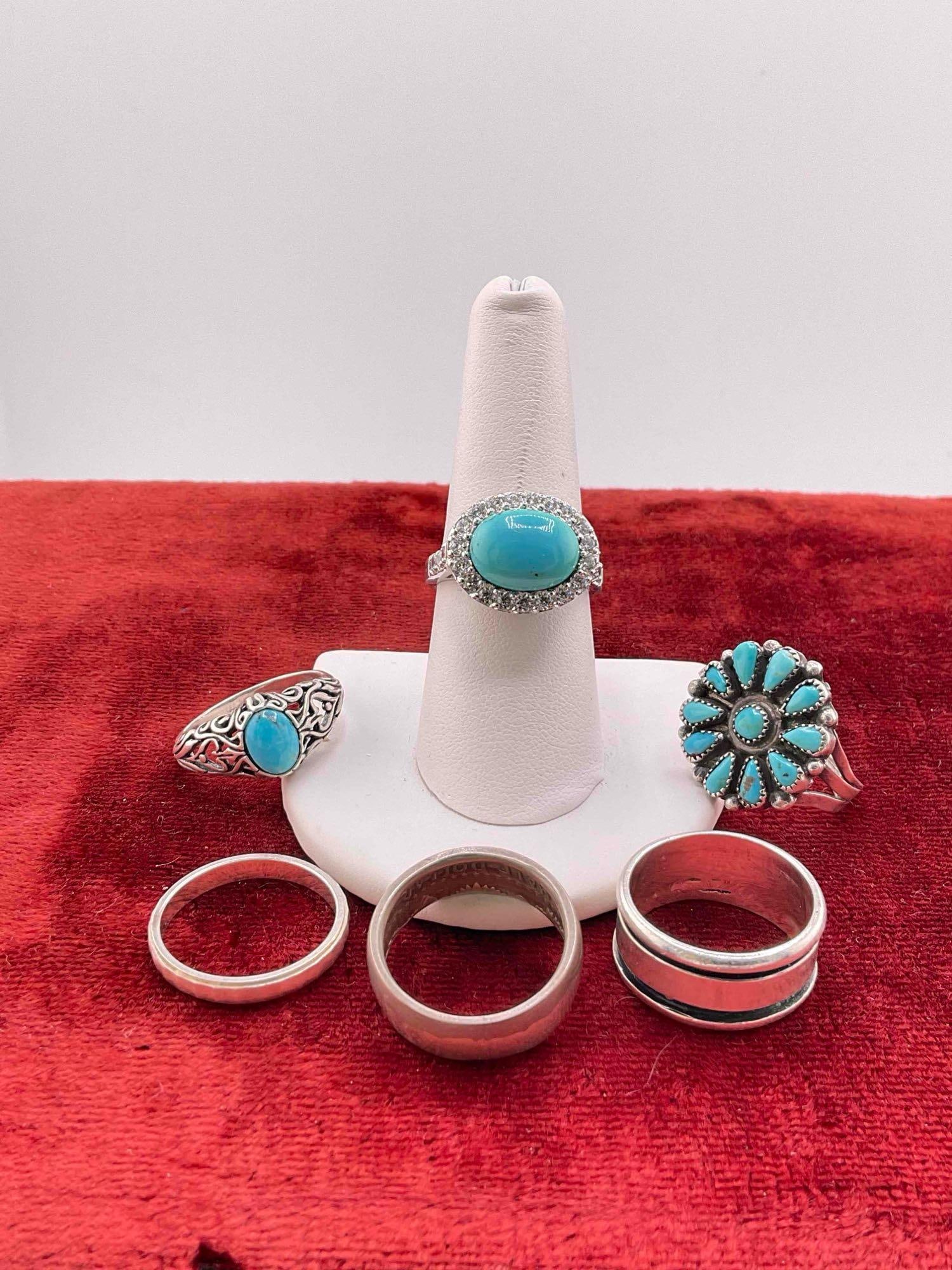 6 pcs Sterling Silver Rings, 3x w/ Turquoise Toned Settings. (1 of 6)