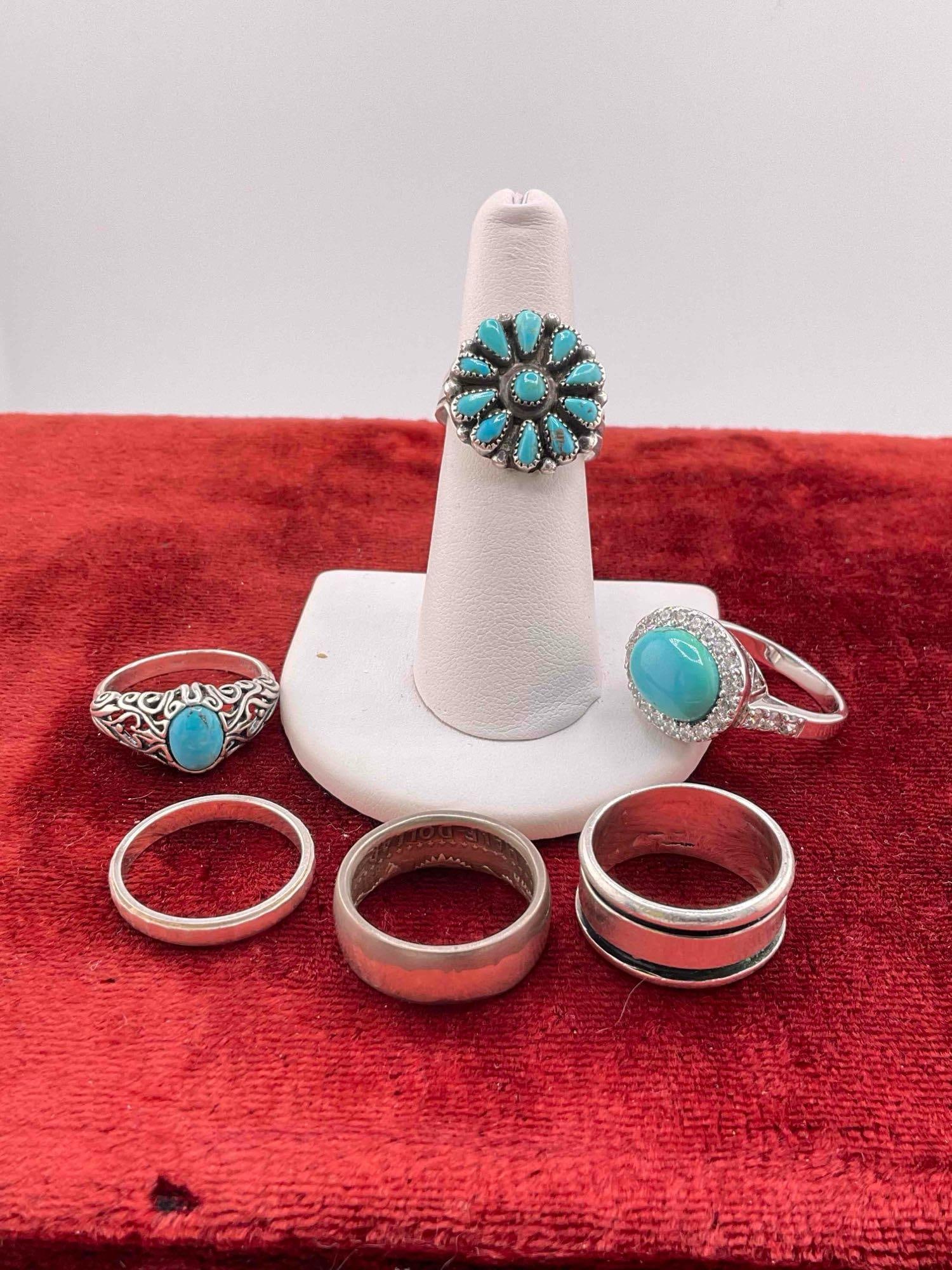6 pcs Sterling Silver Rings, 3x w/ Turquoise Toned Settings. - 2