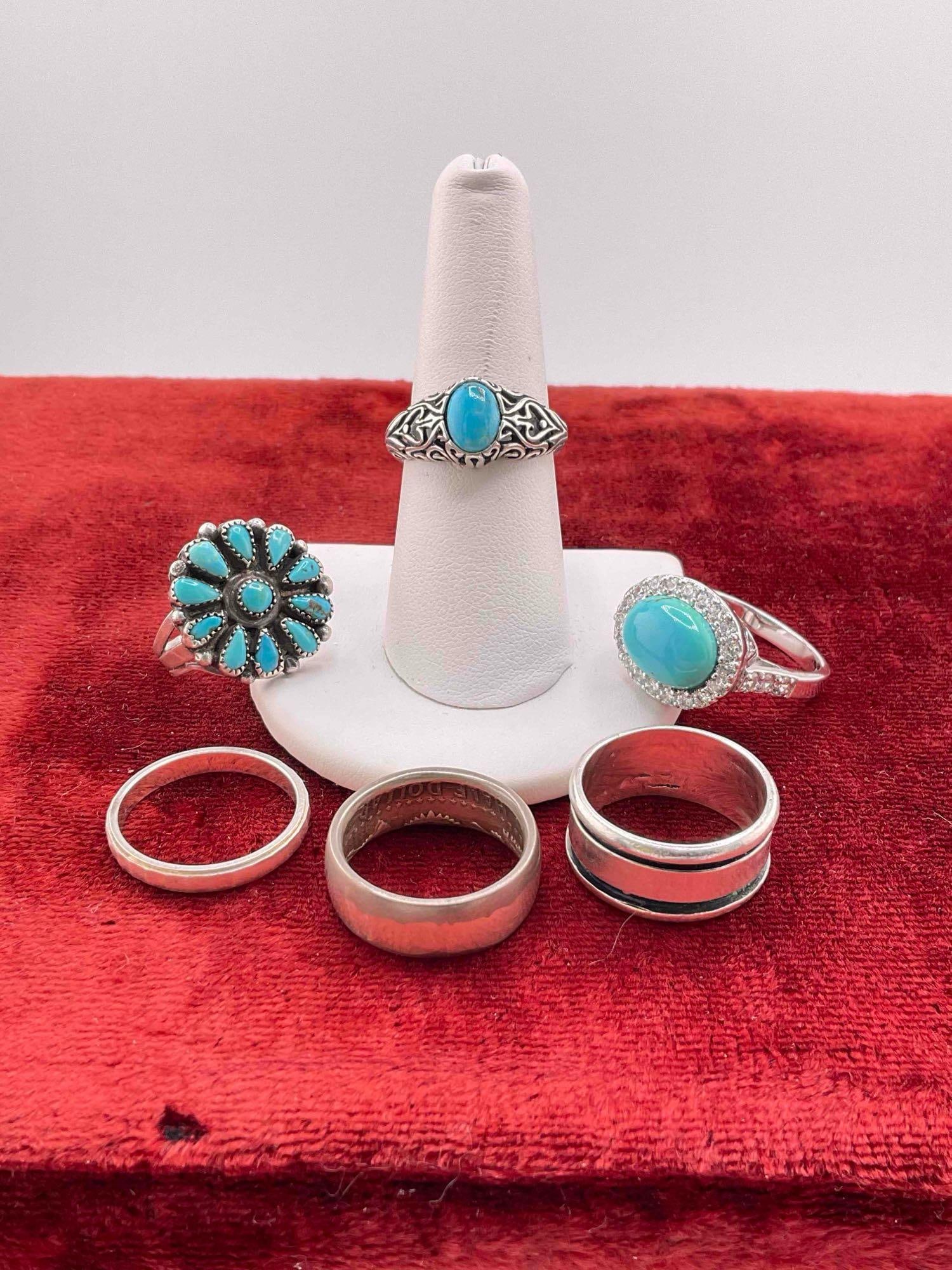 6 pcs Sterling Silver Rings, 3x w/ Turquoise Toned Settings. - 3